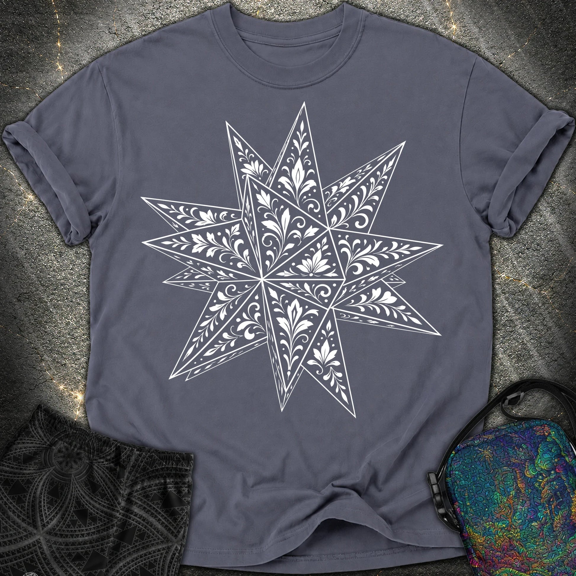 White Floral Stellated Dodecahedron - White Floral Stellated Dodecahedron Comfort T-Shirt - Navy