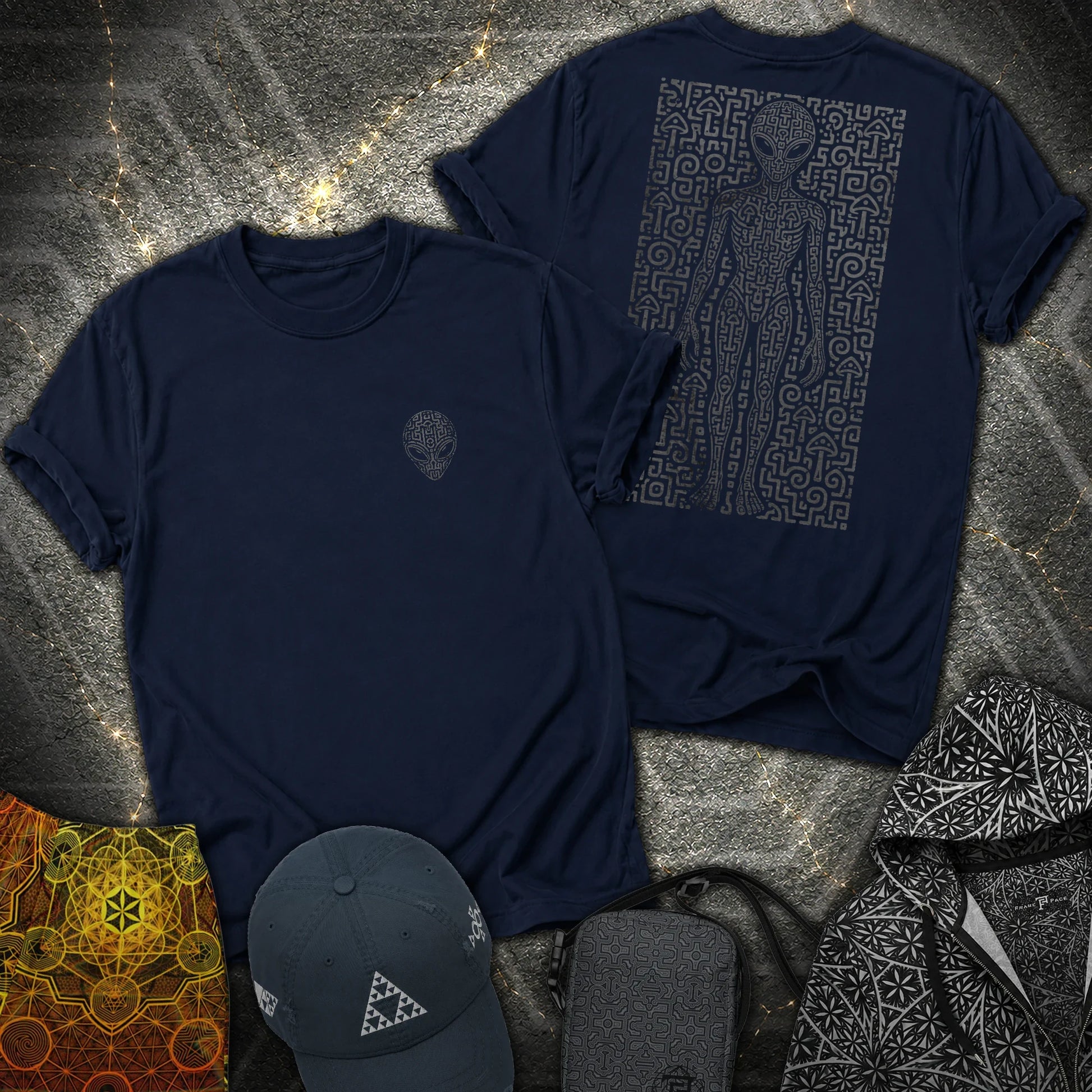 Psychedelic Distressed Alien 2 Sided Comfort T-Shirt - Psychedelic Distressed Alien 2 Sided T-Shirt - Navy