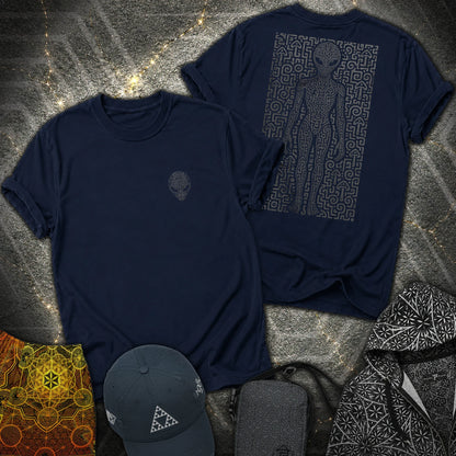 Psychedelic Distressed Alien 2 Sided Comfort T-Shirt - Psychedelic Distressed Alien 2 Sided T-Shirt - Navy