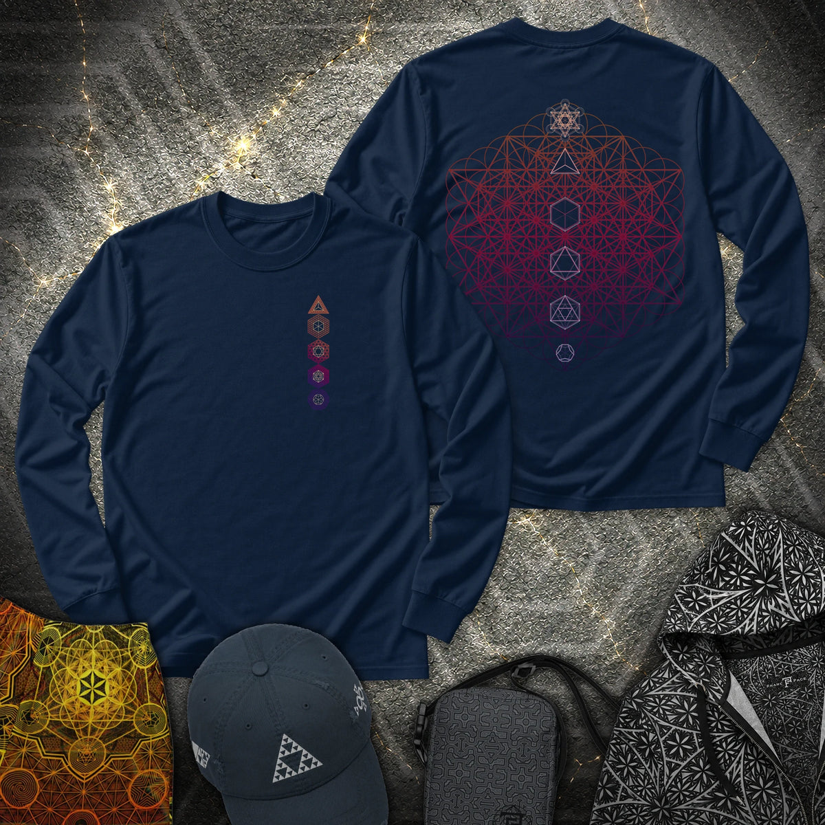 64 Tetrahedron Platonic Solids Metatron 2 Sided - 64 Tetrahedron Platonic Solids Metatron 2 Sided Long Sleeve Shirt - Navy