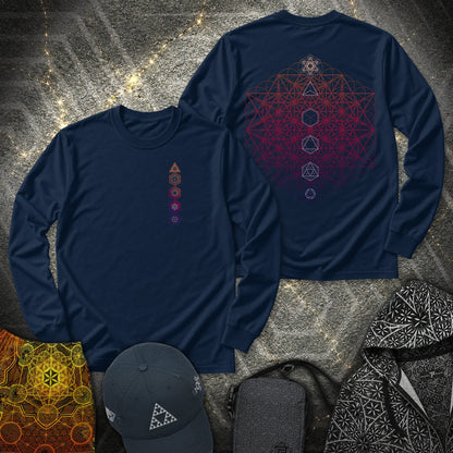 64 Tetrahedron Platonic Solids Metatron 2 Sided - 64 Tetrahedron Platonic Solids Metatron 2 Sided Long Sleeve Shirt - Navy