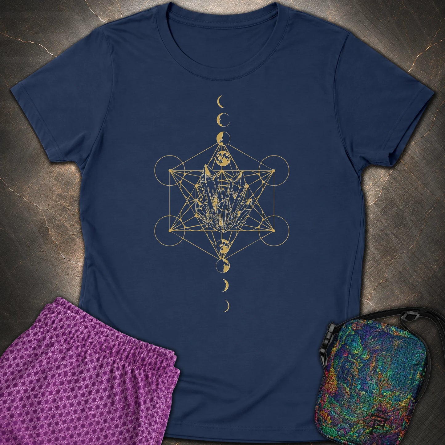 Metatron Crystal Moon Phases - Metatron Crystal Moon Phases Womens T-Shirt - Navy