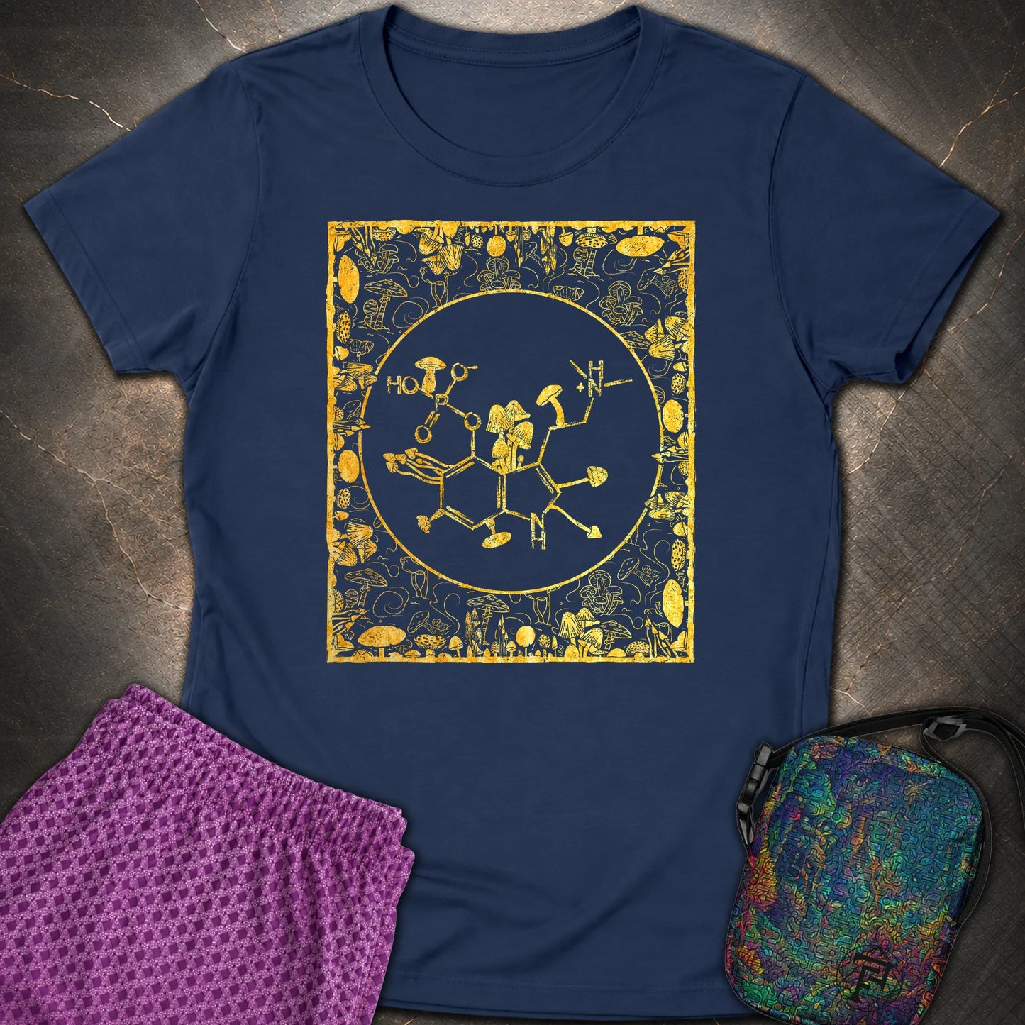 Psilocybin Molecule Mushroom Frame Womens T-Shirt - Psilocybin Molecule Mushroom Frame Womens T-Shirt - Navy