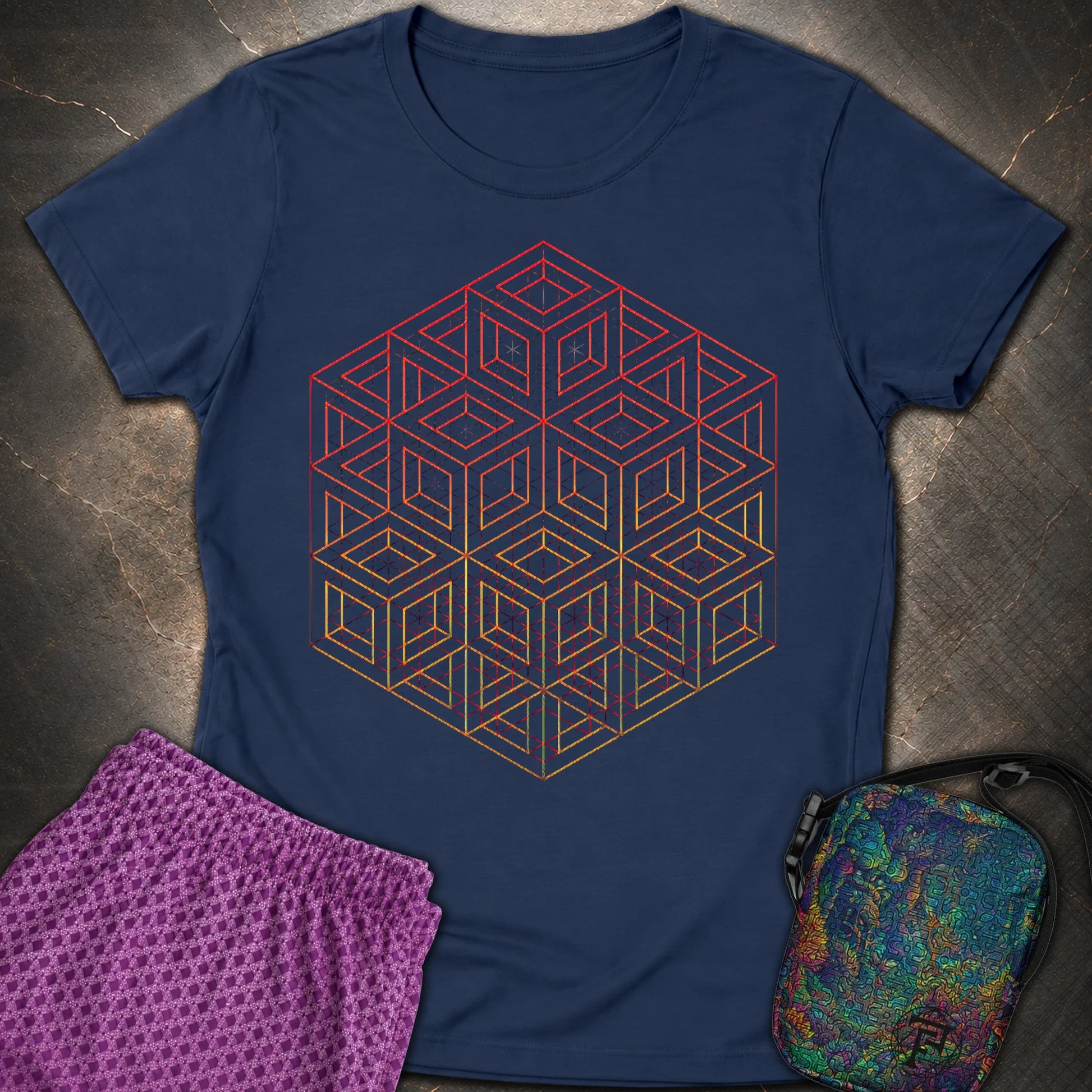 3D Wireframe Cube T-Shirt - 3D Wireframe Cube Womens T-Shirt - Navy