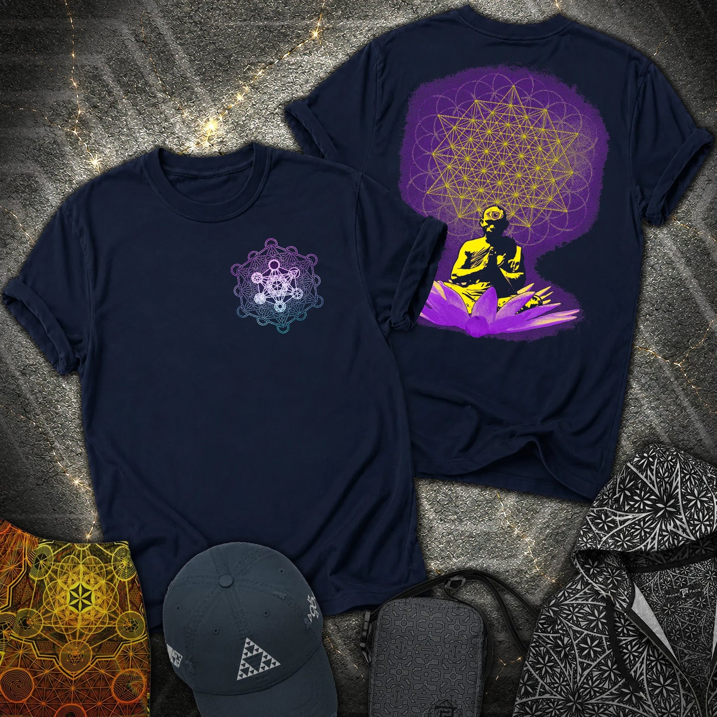 Meditating Monk Tetrahedron Metatron 2 Sided T-Shirt - Meditating Monk Tetrahedron Metatron 2 Sided T-Shirt - Navy