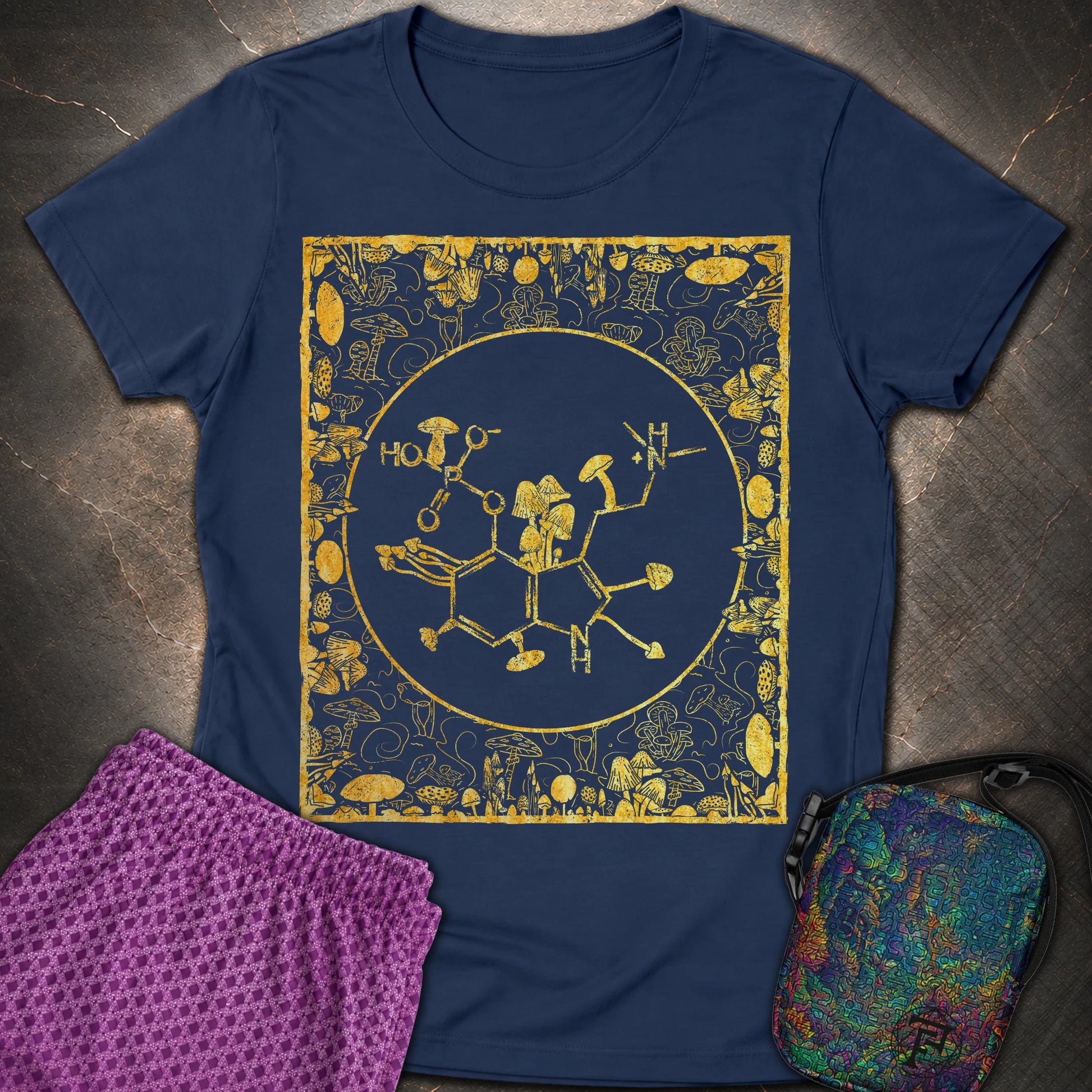Psilocybin Molecule Mushroom Frame - Psilocybin Molecule Mushroom Frame Womens T-Shirt - Navy