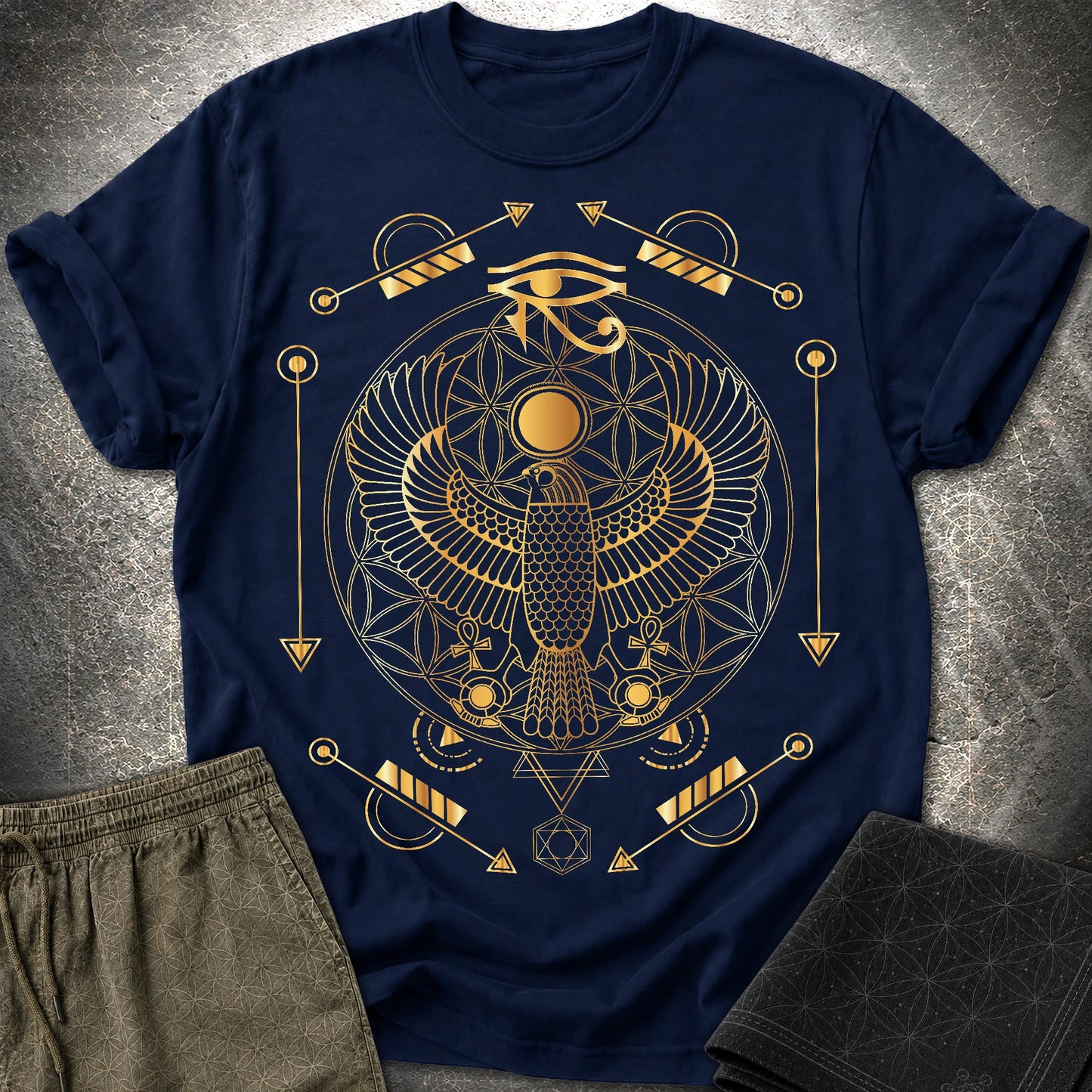 Falcon Flower Of Life Egypt T-Shirt - Falcon Flower Of Life Egypt T-Shirt - Navy