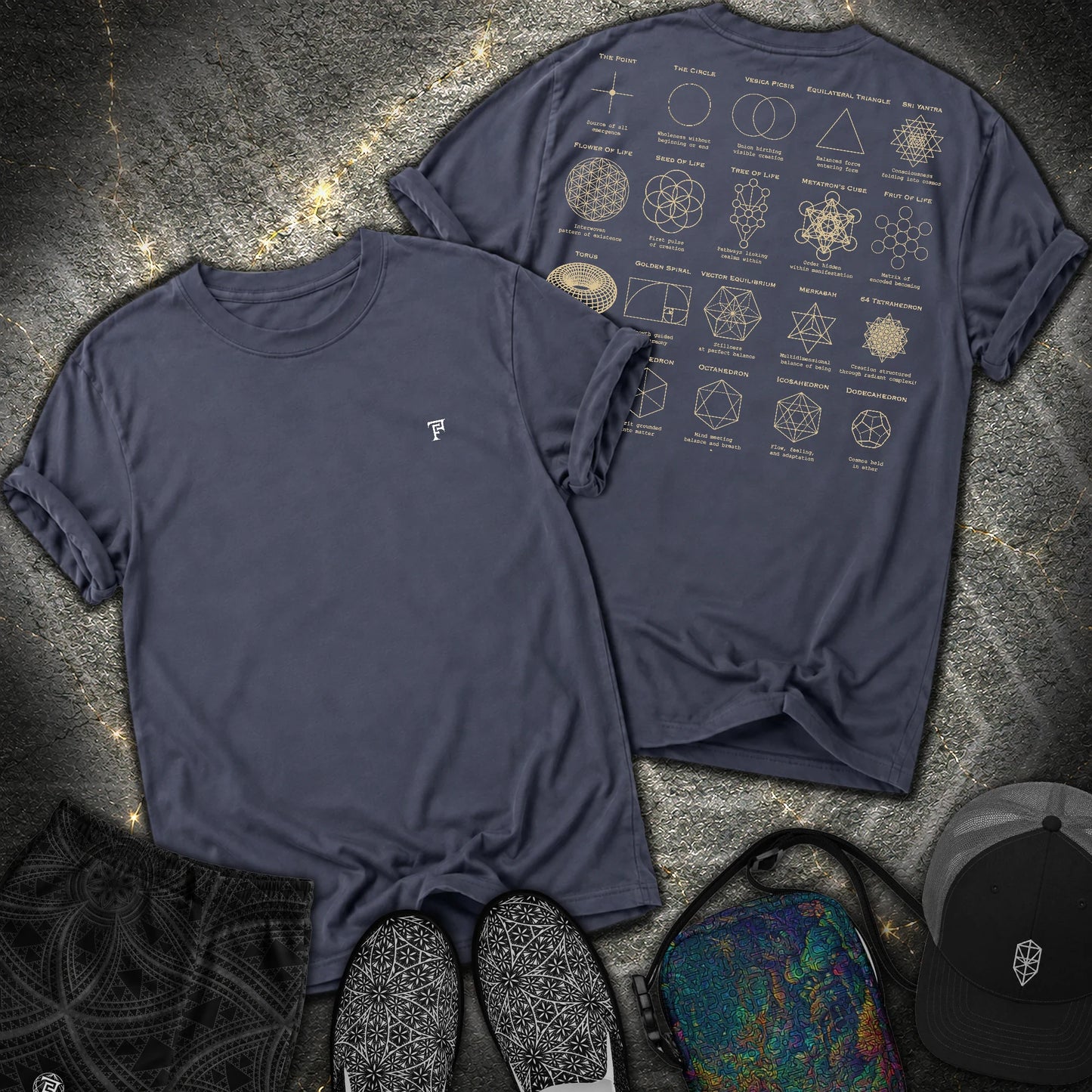 Sacred Geometry Figures Back Print 2 Sided Comfort T-Shirt - Sacred Geometry Figures Back Print 2 Sided Comfort T-Shirt - Navy