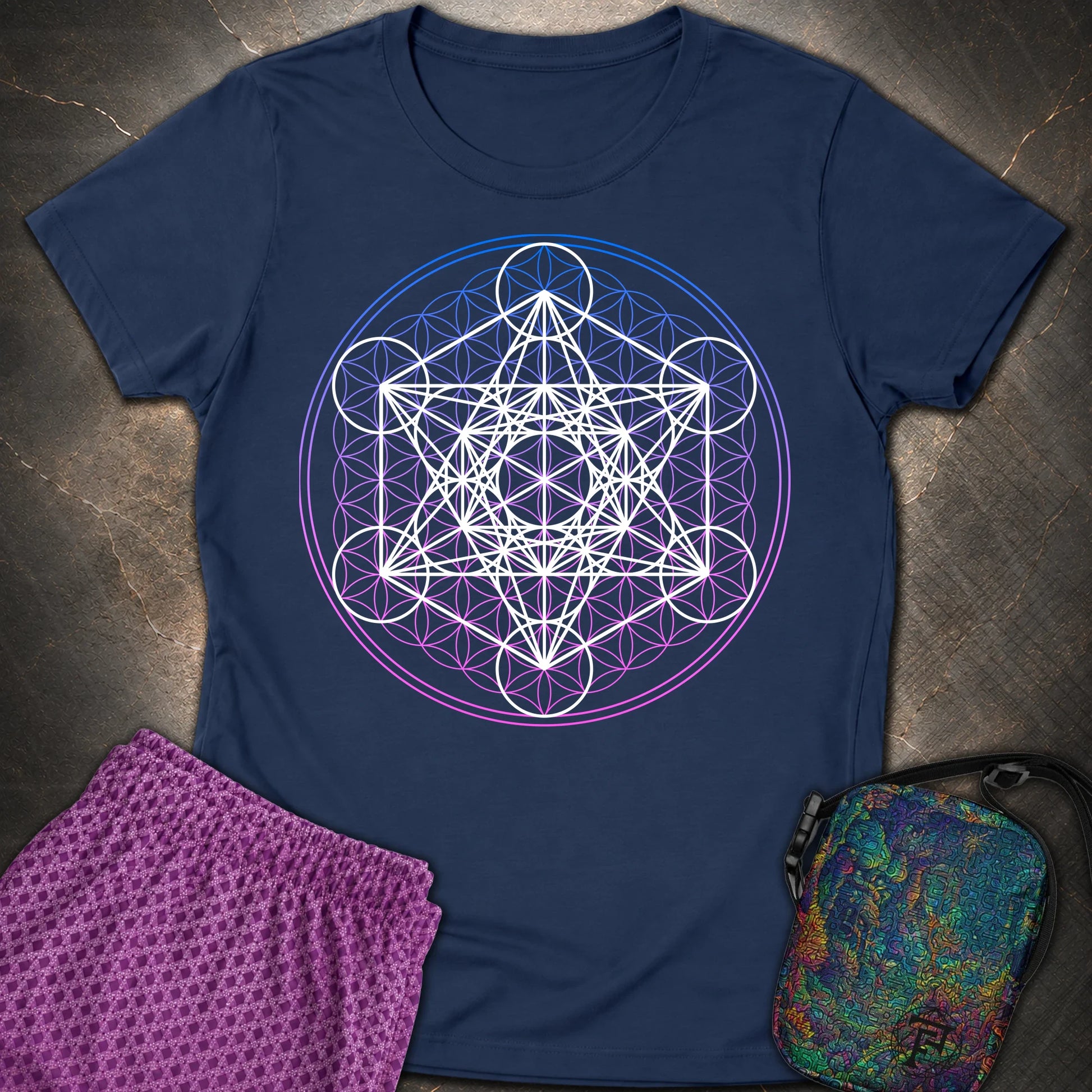 White Metatron Gradient Flower Womens T-Shirt - White Metatron Gradient Flower Womens T-Shirt - Navy
