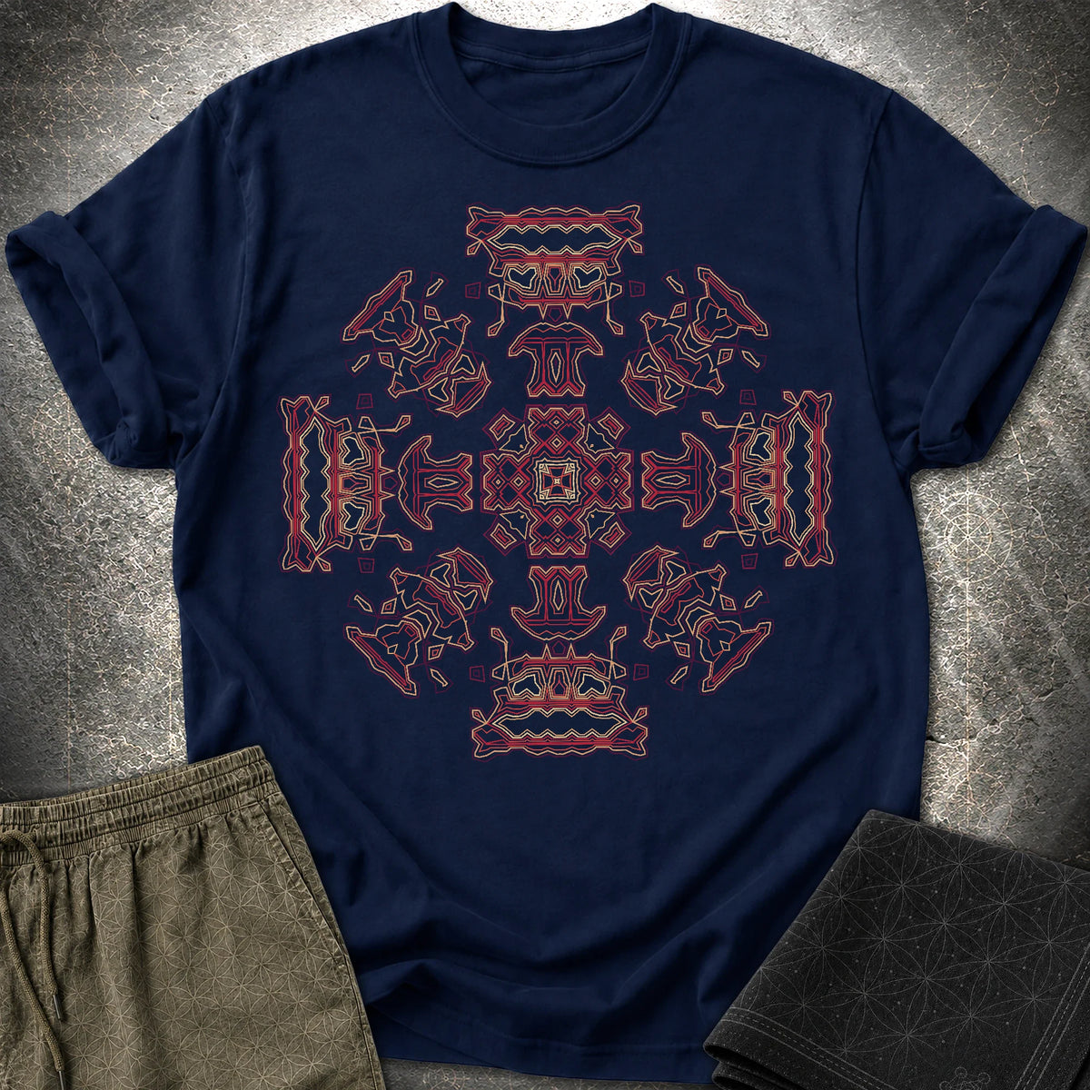 Shamanic Faces Geometric T-Shirt - Shamanic Faces Geometric T-Shirt - Navy