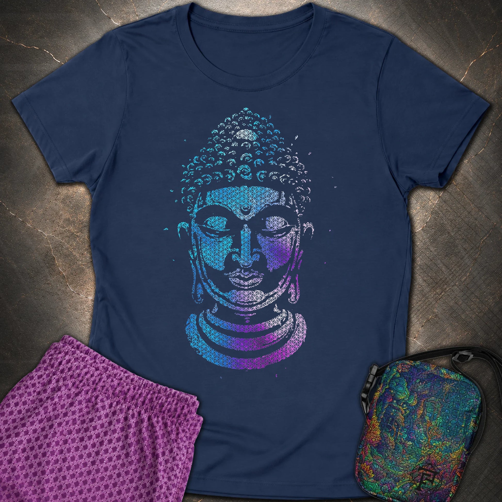 Buddha Flower Of Life Pattern Womens T-Shirt - Buddha Flower Of Life Pattern Womens T-Shirt - Navy