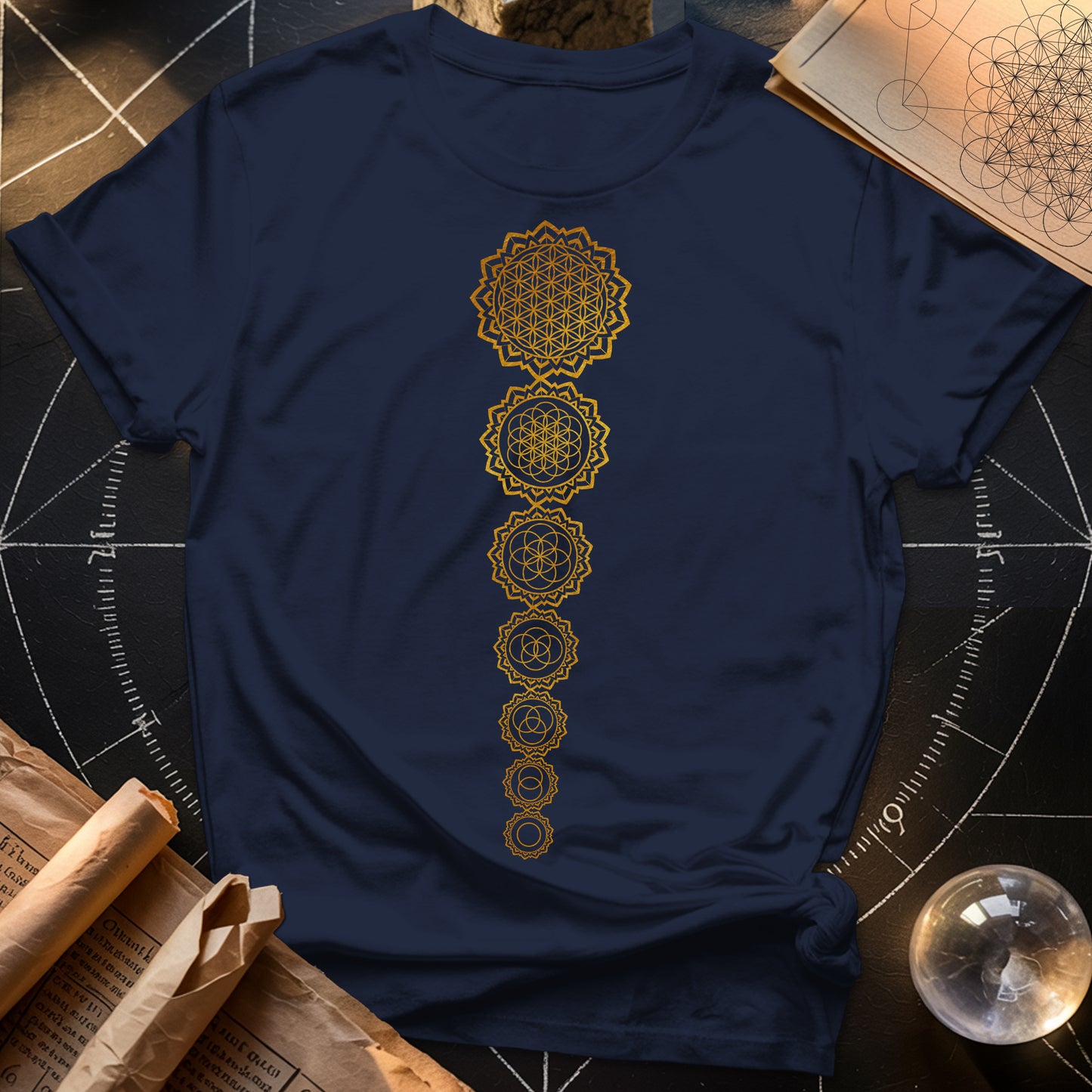 Gold Flower Of lIfe Chakras T-Shirt