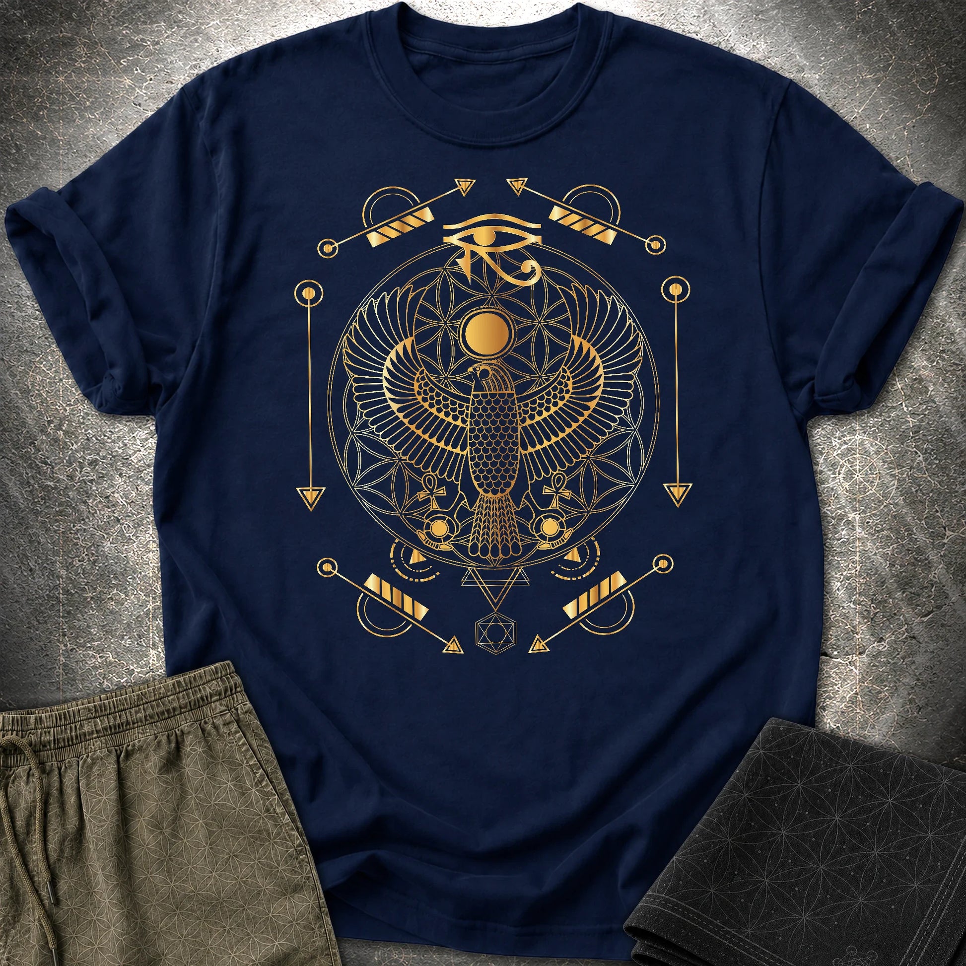 Falcon Flower Of Life Egypt T-Shirt - Falcon Flower Of Life Egypt T-Shirt - Navy