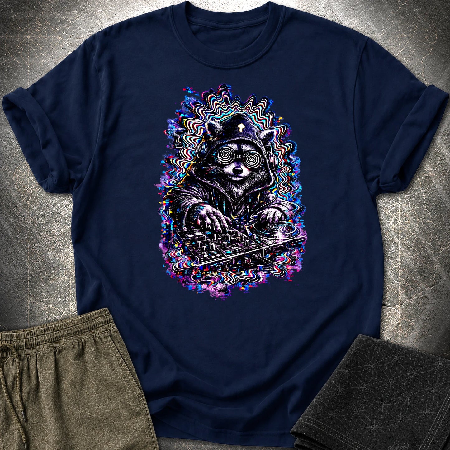 Psychedelic Raccoon DJ T-Shirt, Glitch Rave Animal Shirt, Trippy Festival Graphic Tee - Psychedelic Raccoon DJ T-Shirt, Glitch Rave Animal Shirt, Trippy Festival Graphic Tee - Navy