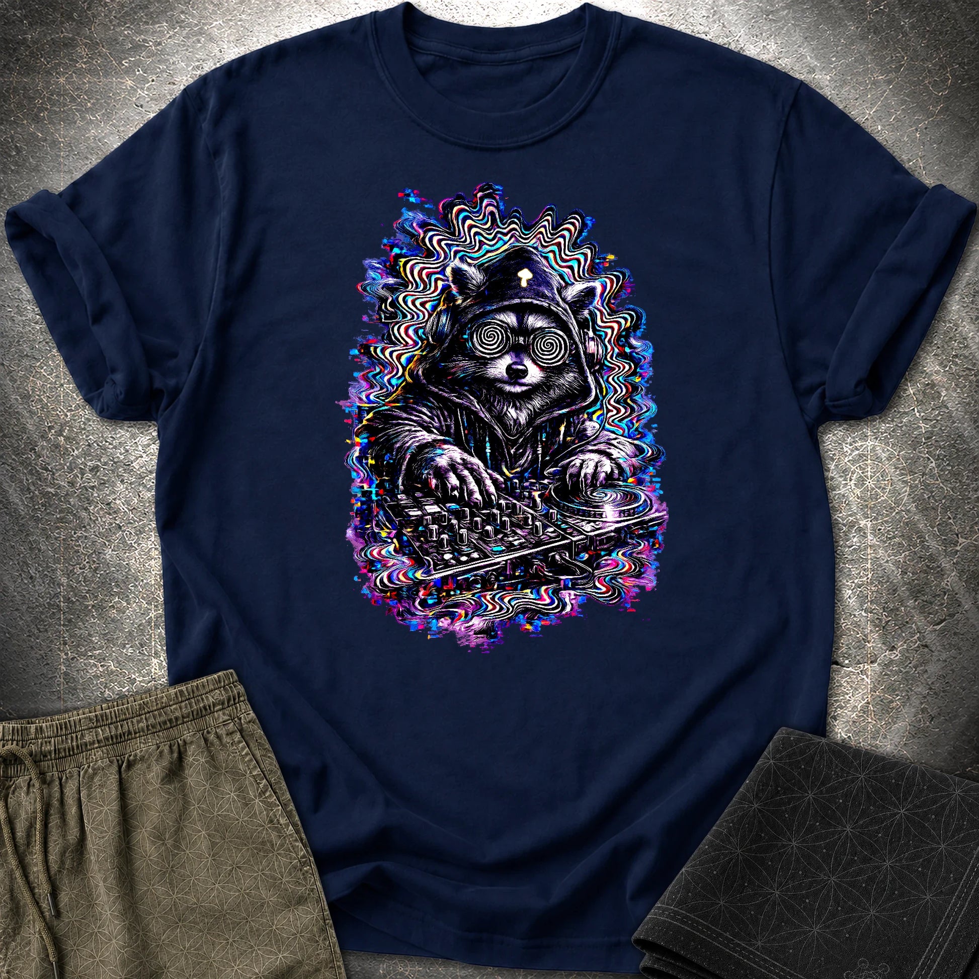 Psychedelic Raccoon DJ T-Shirt, Glitch Rave Animal Shirt, Trippy Festival Graphic Tee - Psychedelic Raccoon DJ T-Shirt, Glitch Rave Animal Shirt, Trippy Festival Graphic Tee - Navy