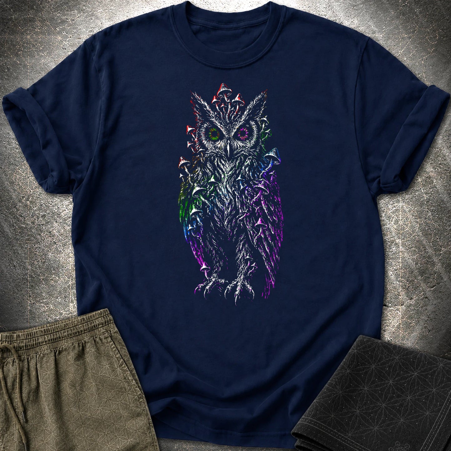Trippy Mushroom Owl T-Shirt - Trippy Mushroom Owl T-Shirt - Navy