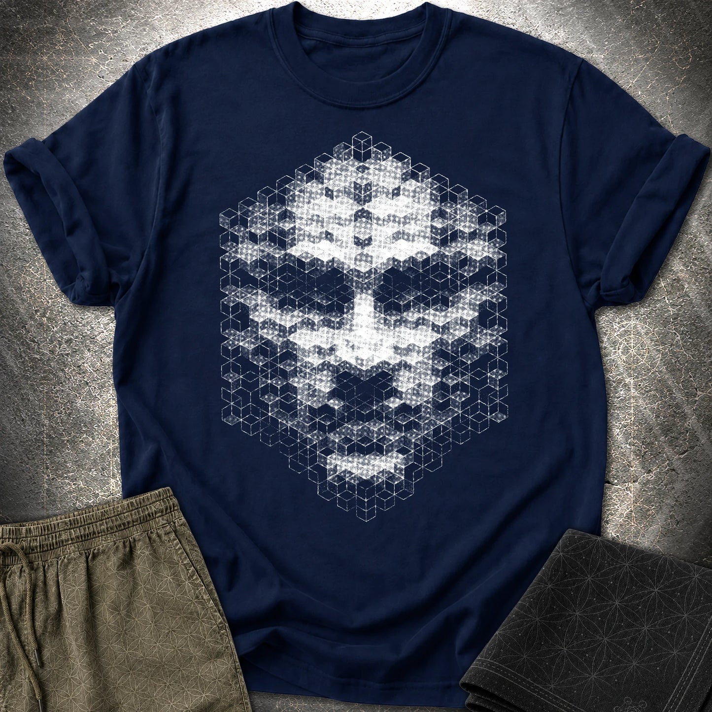 The Entity T-Shirt, Geometric Face Shirt, Abstract Cube Being Graphic Tee - The Entity T-Shirt, Geometric Face Shirt, Abstract Cube Being Graphic Tee - Navy
