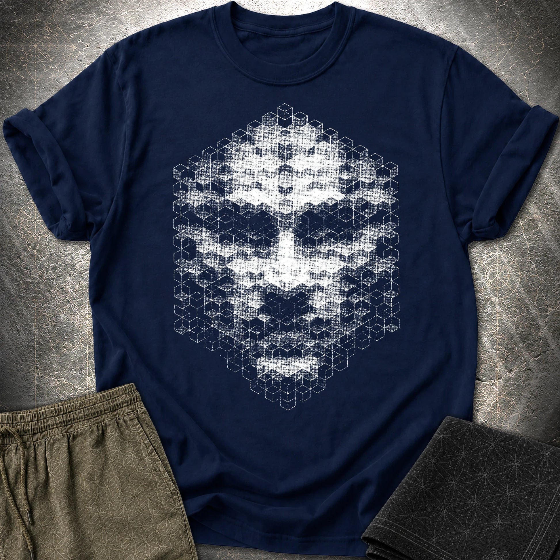 The Entity T-Shirt, Geometric Face Shirt, Abstract Cube Being Graphic Tee - The Entity T-Shirt, Geometric Face Shirt, Abstract Cube Being Graphic Tee - Navy