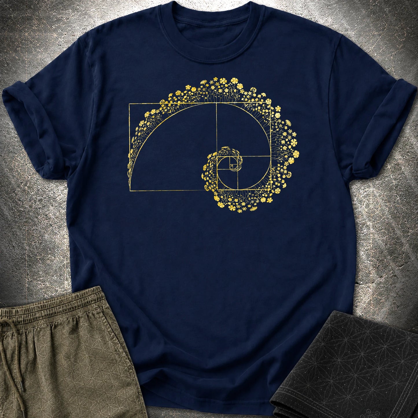 Golden Ratio Flower Spiral T-Shirt, Fibonacci Sacred Geometry Shirt, Botanical Math Graphic Tee - Golden Ratio Flower Spiral T-Shirt, Fibonacci Sacred Geometry Shirt, Botanical Math Graphic Tee - Navy