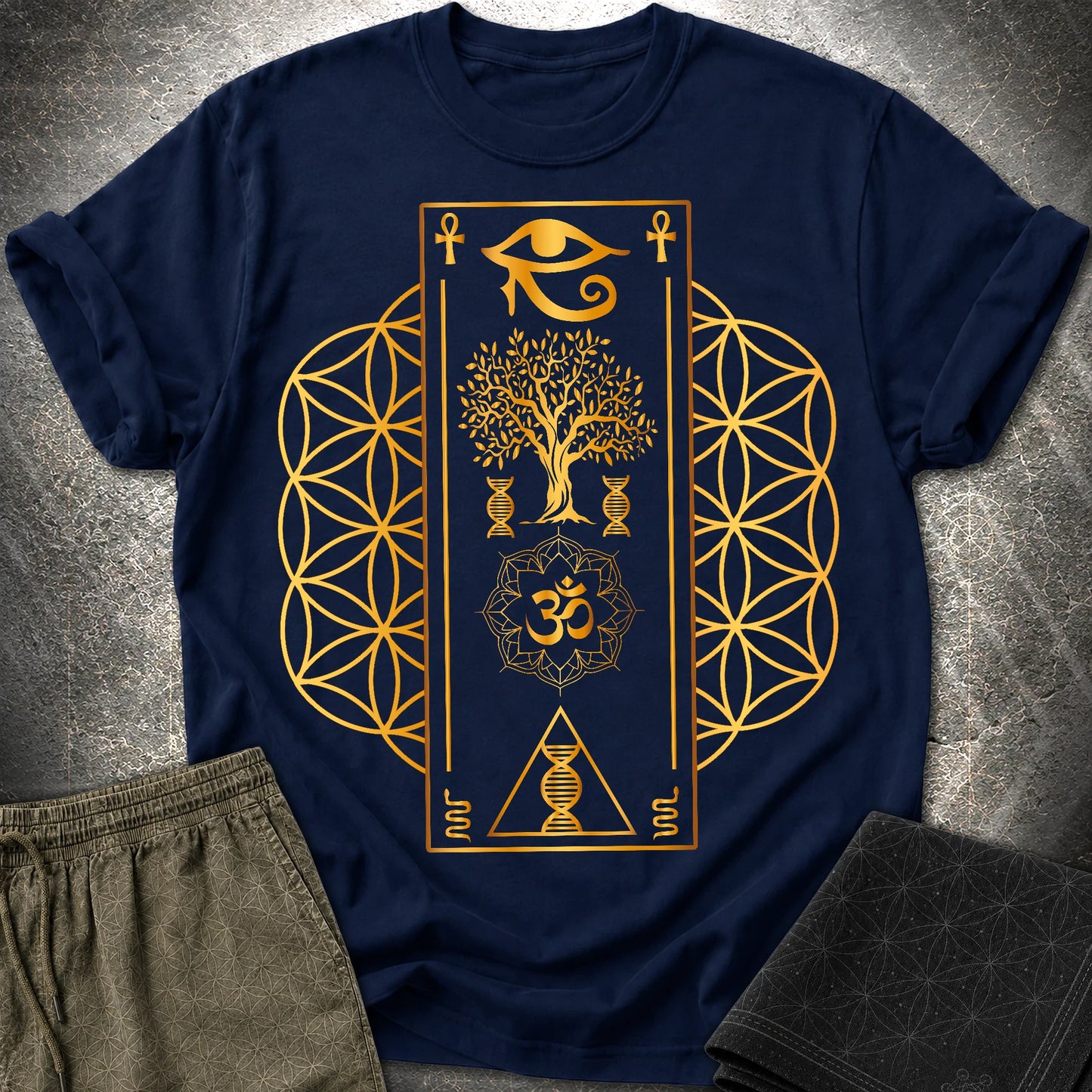 Flower Of Life Horus Egypt T-Shirt - Flower Of Life Horus Egypt T-Shirt - Navy