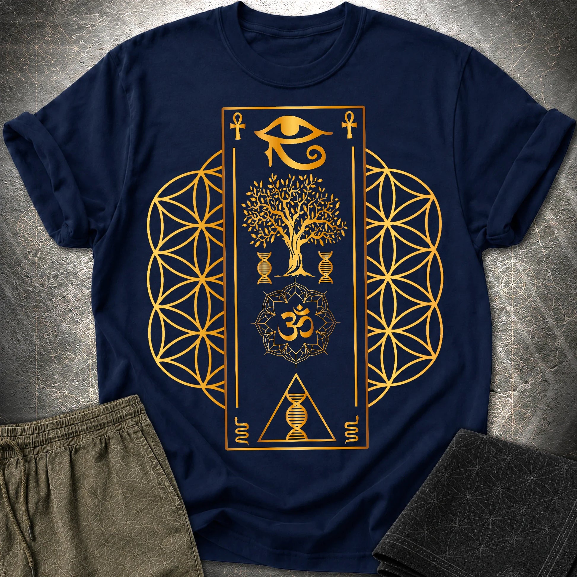 Flower Of Life Horus Egypt T-Shirt - Flower Of Life Horus Egypt T-Shirt - Navy