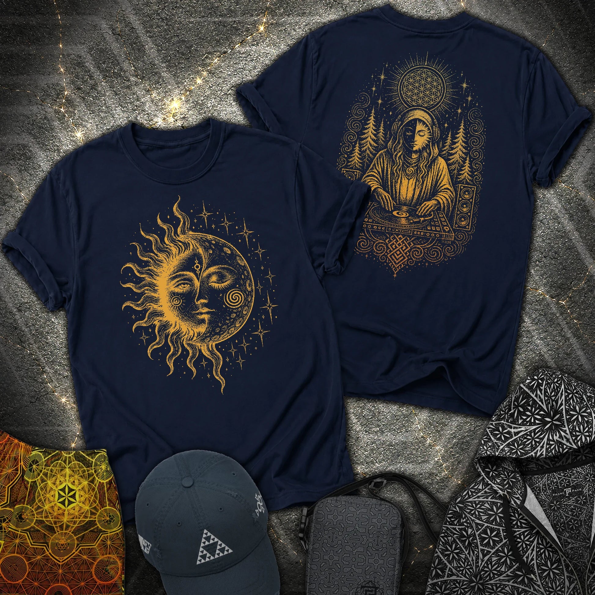 Celestial Sun Moon Mystic DJ Shirt 2 Sided T-Shirt - Celestial Sun Moon Mystic DJ Shirt 2 Sided T-Shirt - Navy