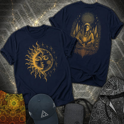 Celestial Sun Moon Mystic DJ Shirt 2 Sided T-Shirt - Celestial Sun Moon Mystic DJ Shirt 2 Sided T-Shirt - Navy