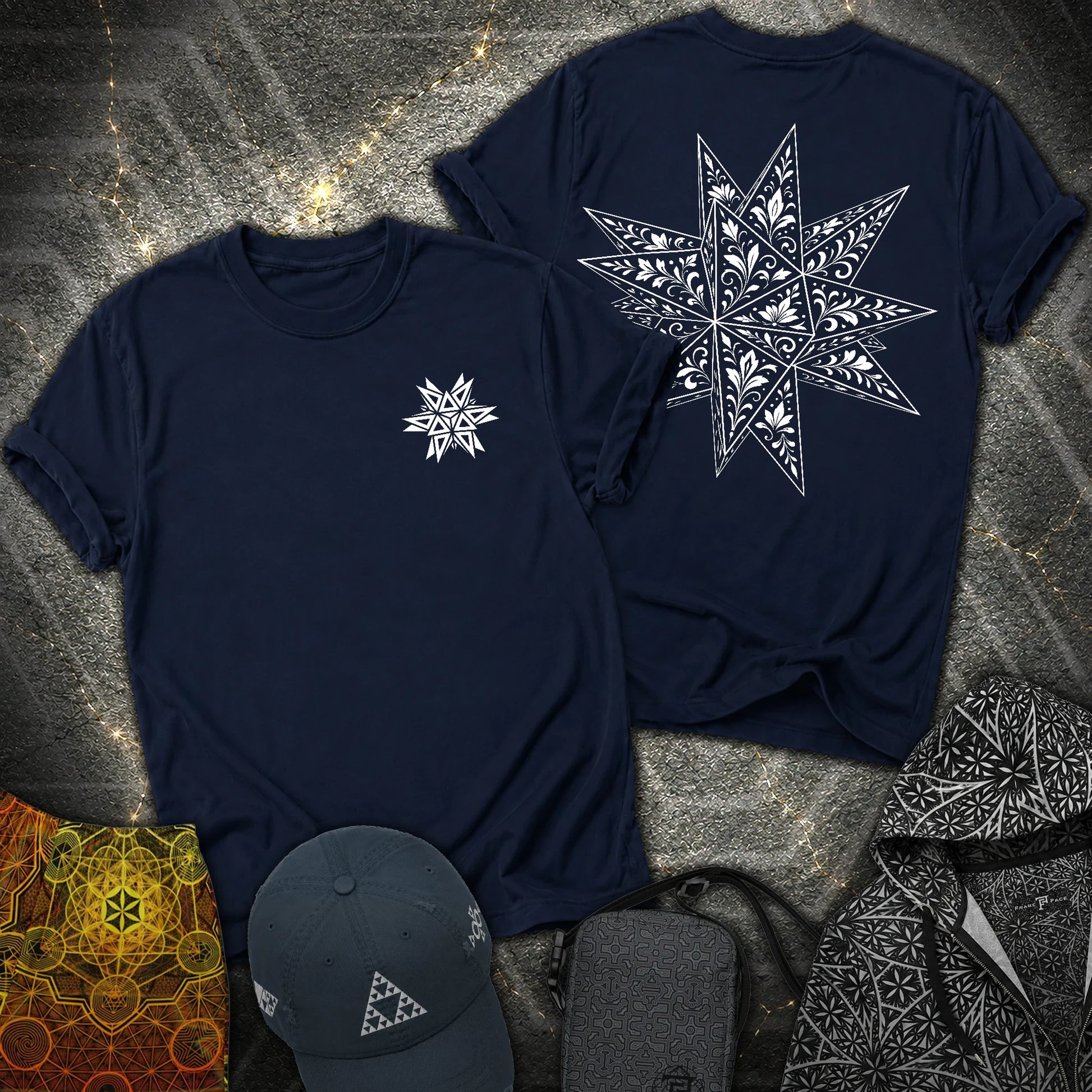 White Floral Stellated Dodecahedron 2 Sided T-Shirt - White Floral Stellated Dodecahedron 2 Sided T-Shirt - Navy