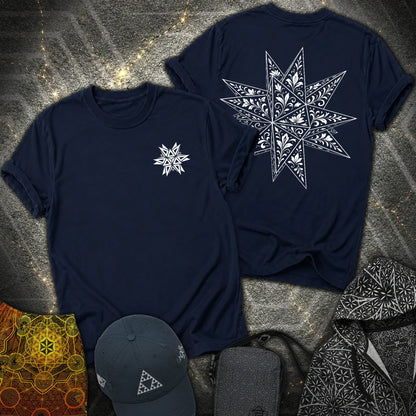 White Floral Stellated Dodecahedron 2 Sided T-Shirt - White Floral Stellated Dodecahedron 2 Sided T-Shirt - Navy