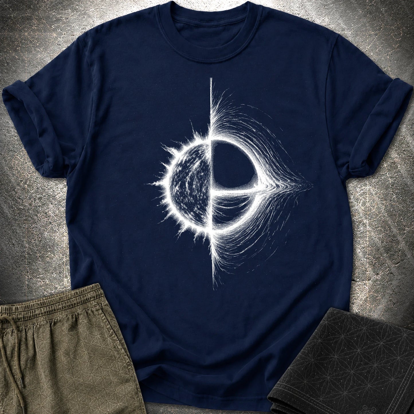 Cosmic Duality T-Shirt, Star and Black Hole Shirt, Space Symbol Graphic Tee - Cosmic Duality T-Shirt, Star and Black Hole Shirt, Space Symbol Graphic Tee - Navy