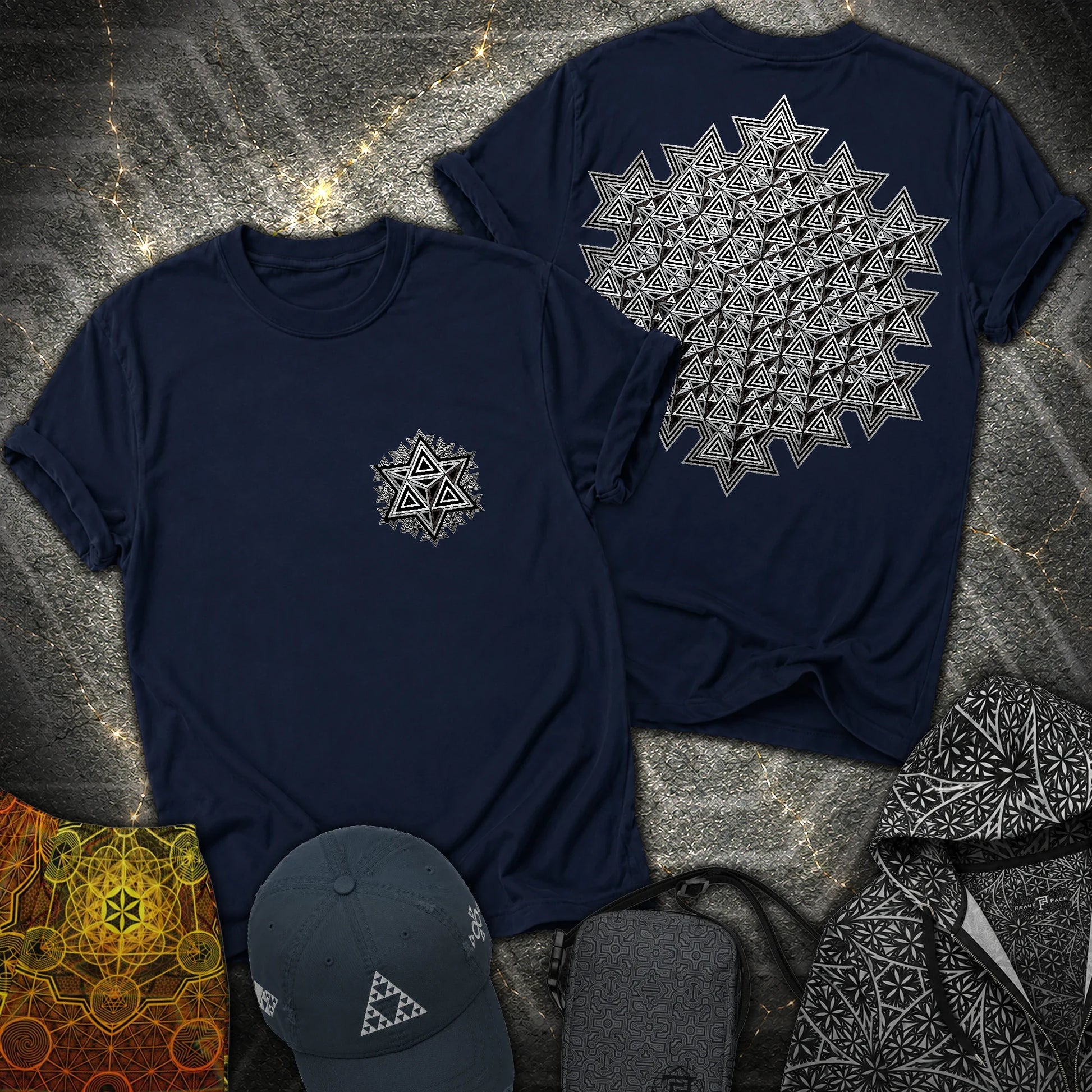 Sacred Silver Merkaba 2 Sided T-Shirt - Sacred Silver Merkaba 2 Sided T-Shirt - Navy
