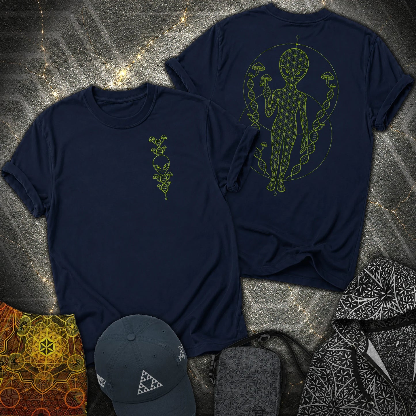 Alien Mushroom DNA 2 Sided T-Shirt - Alien Mushroom DNA 2 Sided T-Shirt - Navy