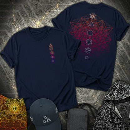 64 Tetrahedron Platonic Solids Metatron 2 Sided T-Shirt - 64 Tetrahedron Platonic Solids Metatron 2 Sided T-Shirt - Navy