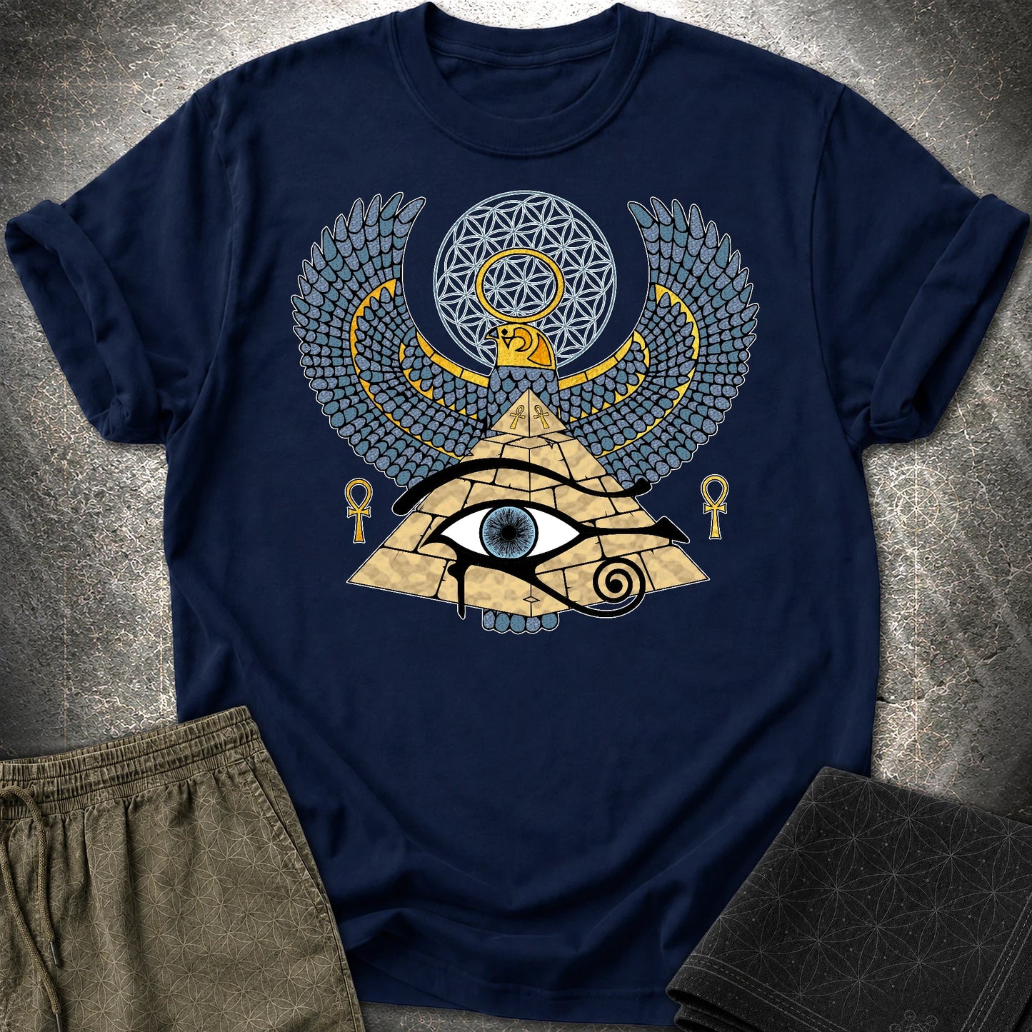 Horus Flower Of Life Egypt T-Shirt - Horus Flower Of Life Egypt T-Shirt - Navy