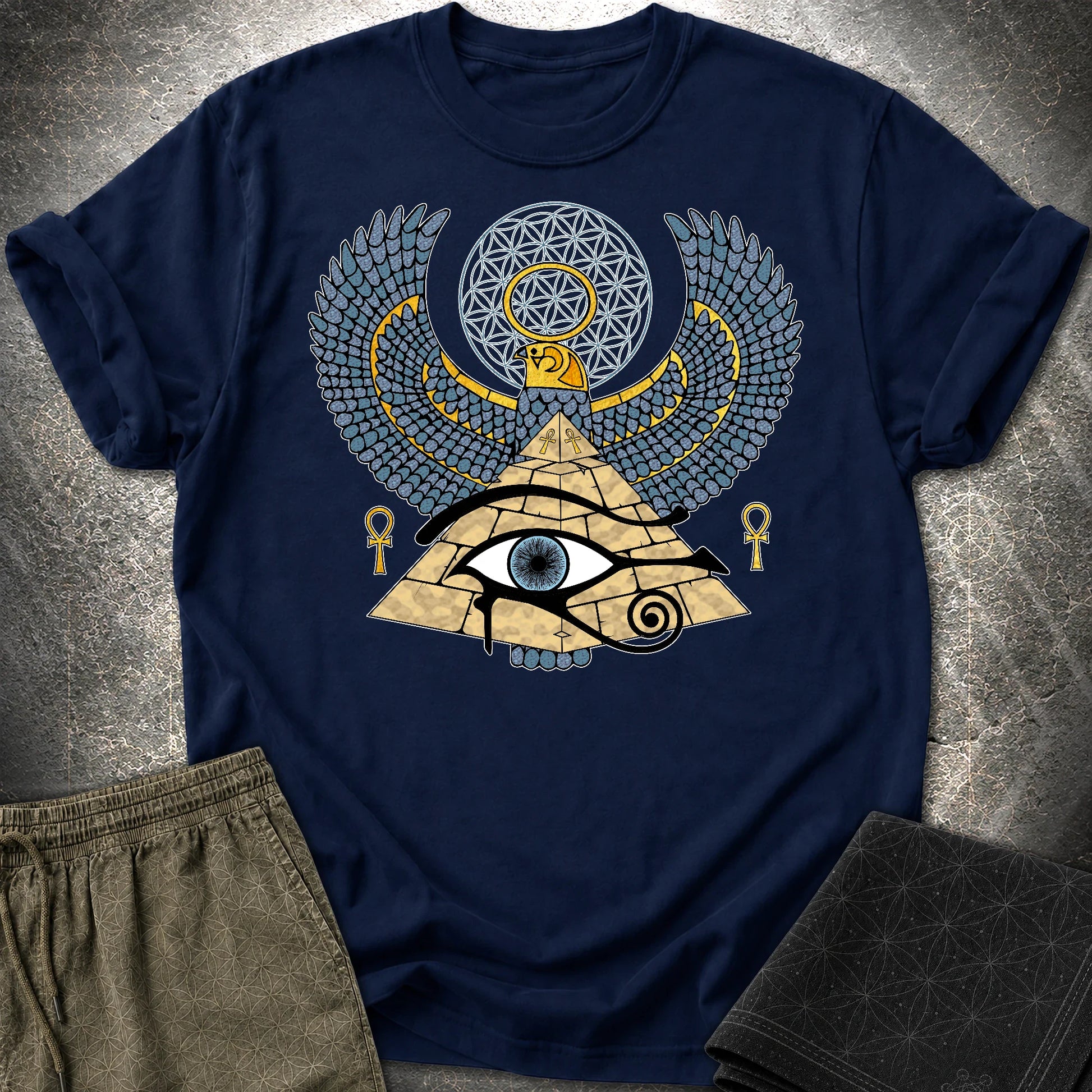 Horus Flower Of Life Egypt T-Shirt - Horus Flower Of Life Egypt T-Shirt - Navy