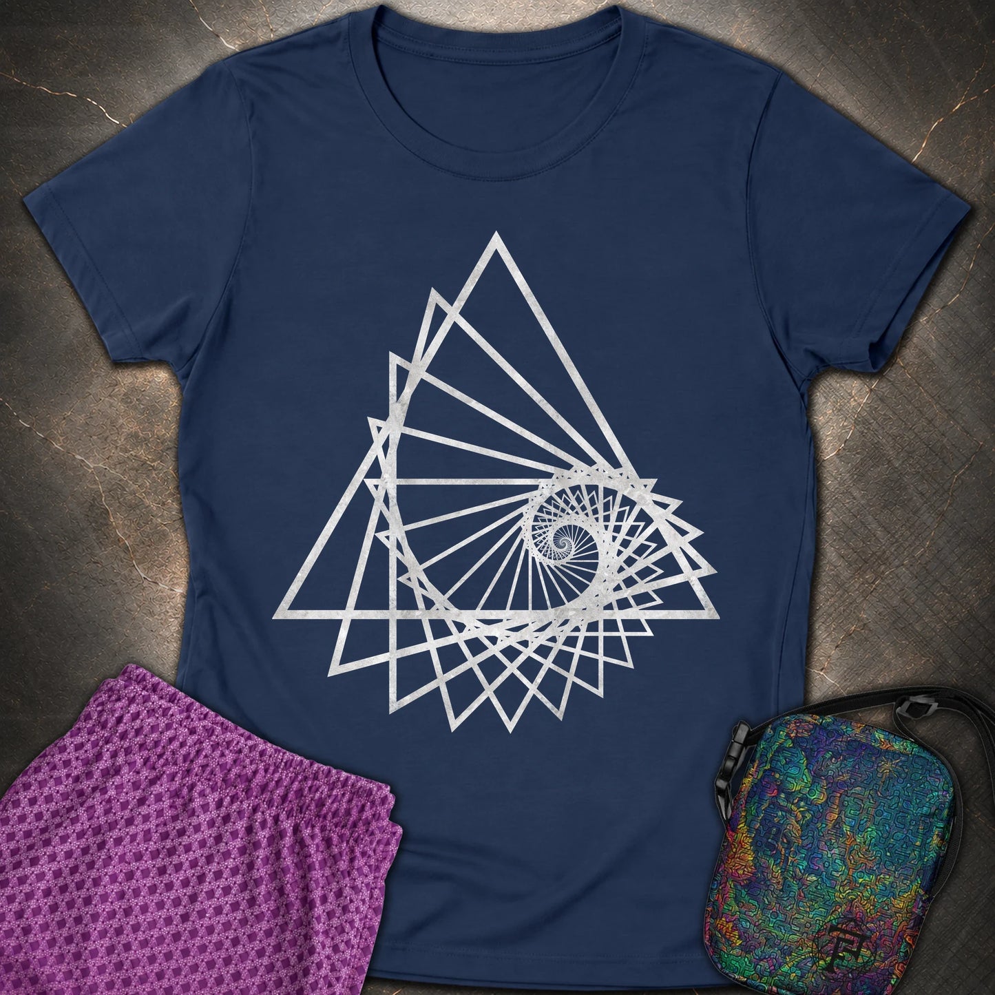 Spiralling Triangle Geometric T-Shirt - Spiralling Triangle Geometric Womens T-Shirt - Navy
