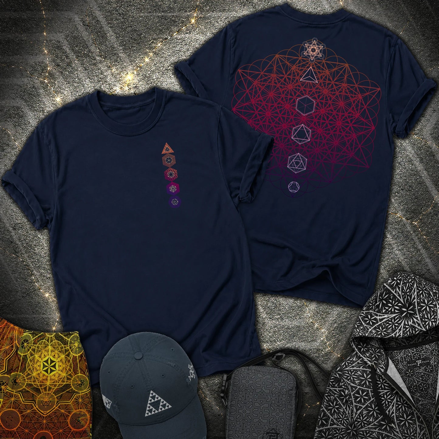 64 Tetrahedron Platonic Solids Metatron 2 Sided T-Shirt - 64 Tetrahedron Platonic Solids Metatron 2 Sided T-Shirt - Navy