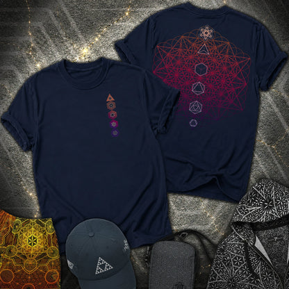 64 Tetrahedron Platonic Solids Metatron 2 Sided T-Shirt - 64 Tetrahedron Platonic Solids Metatron 2 Sided T-Shirt - Navy