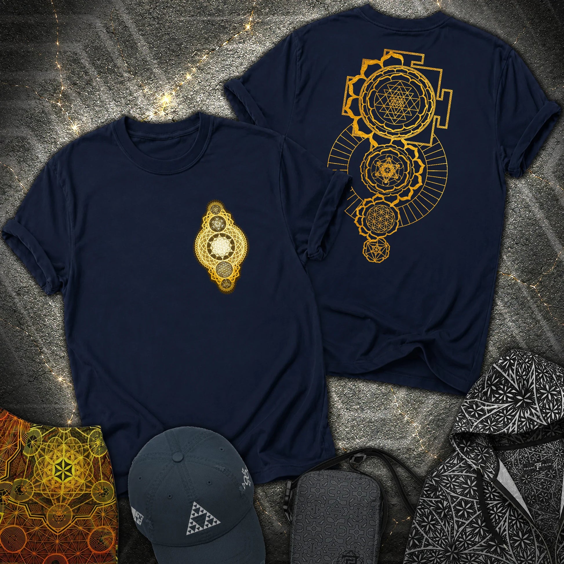 Gold Sacred Geometry Sri Yantra 2 Sided T-Shirt - Gold Sacred Geometry Sri Yantra 2 Sided T-Shirt - Navy