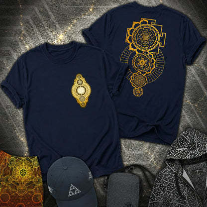 Gold Sacred Geometry Sri Yantra 2 Sided T-Shirt - Gold Sacred Geometry Sri Yantra 2 Sided T-Shirt - Navy