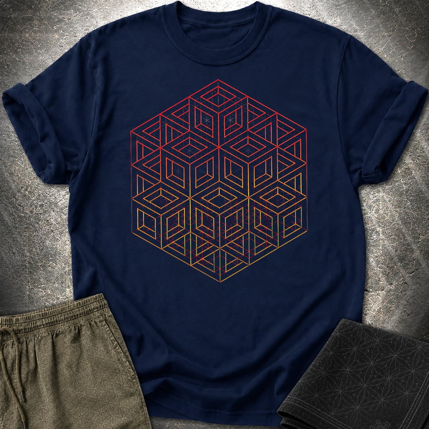 3D Wireframe Cube T-Shirt - 3D Wireframe Cube T-Shirt - Navy