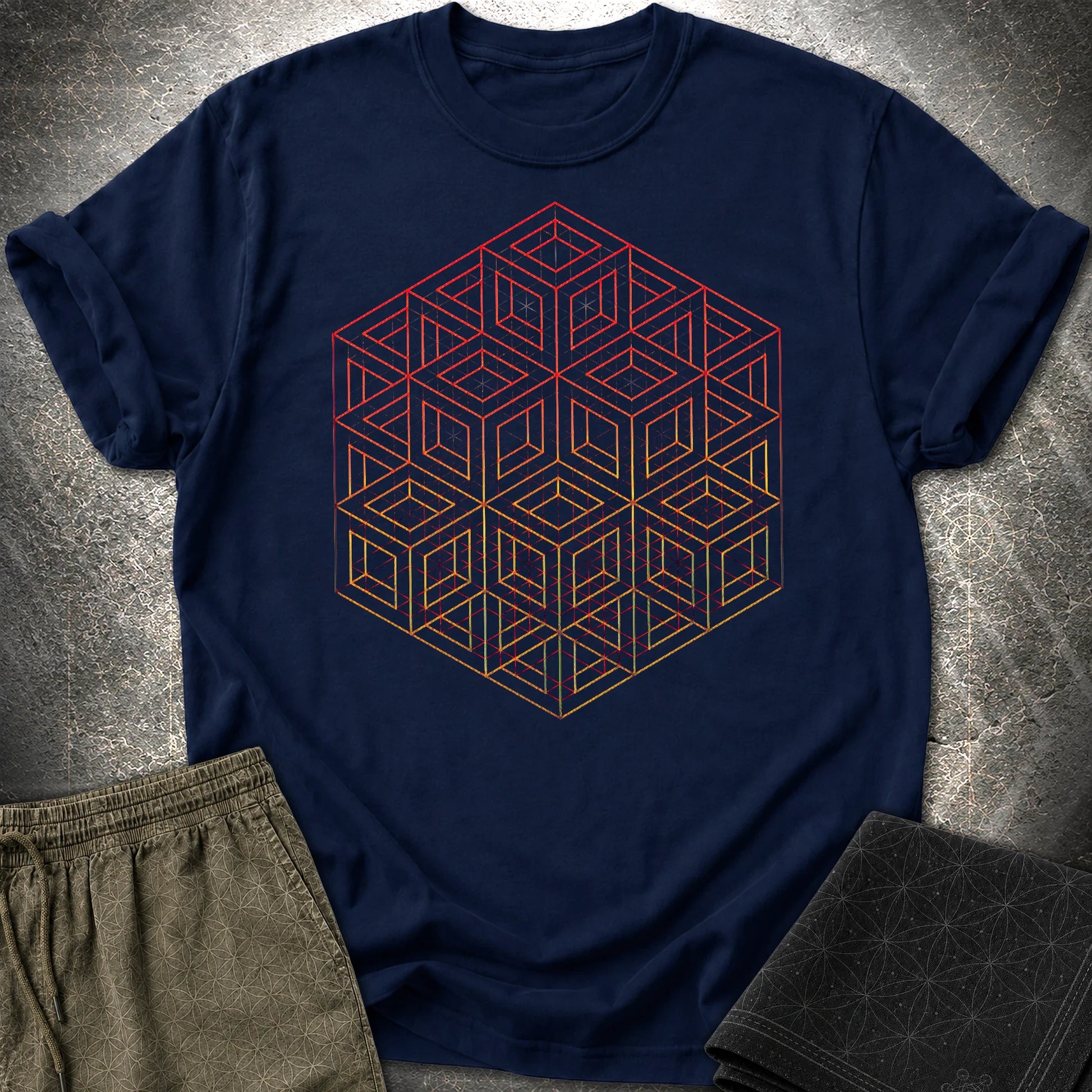 3D Wireframe Cube T-Shirt - 3D Wireframe Cube T-Shirt - Navy