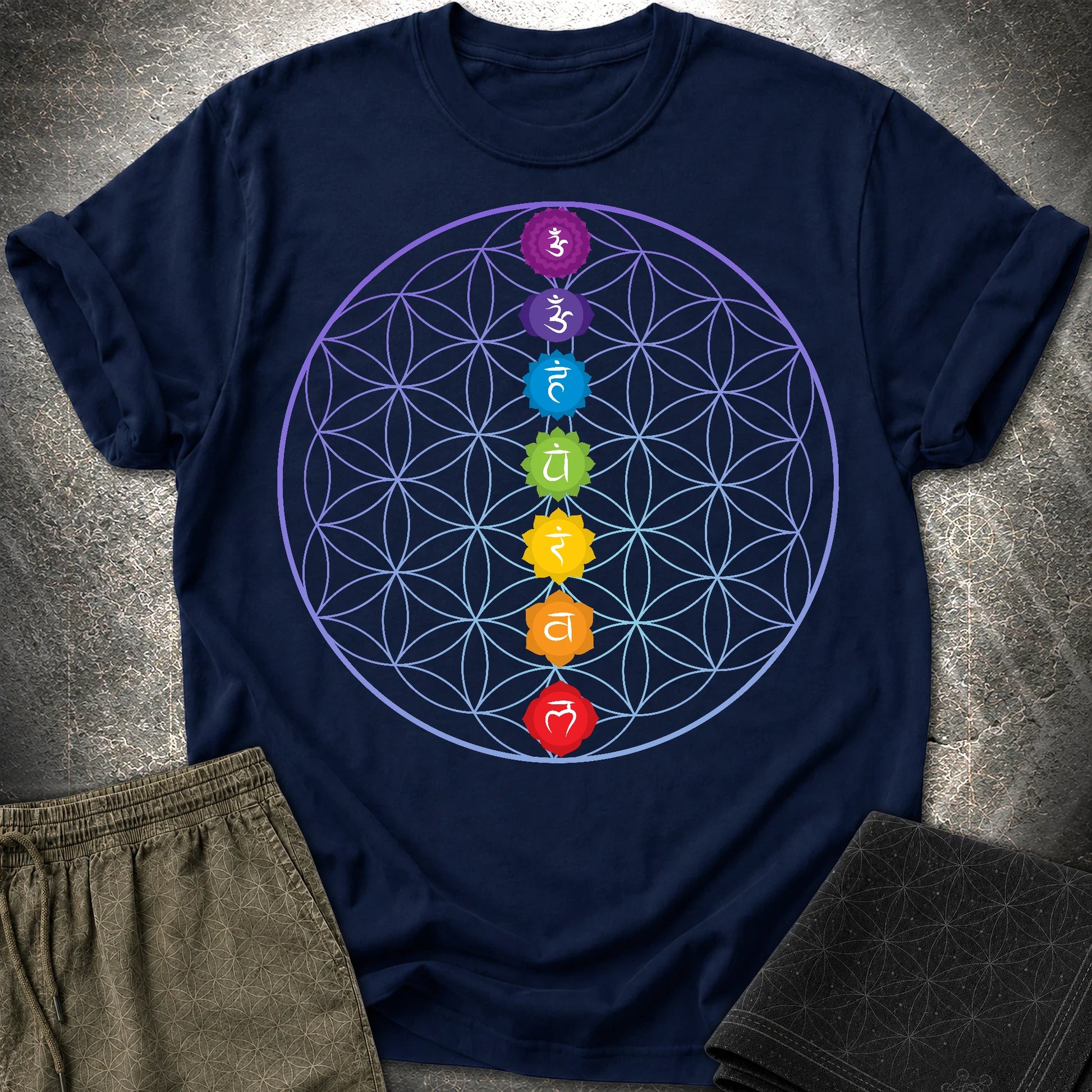Chakras Flower Of Life T-Shirt - Chakras Flower Of Life T-Shirt - Navy
