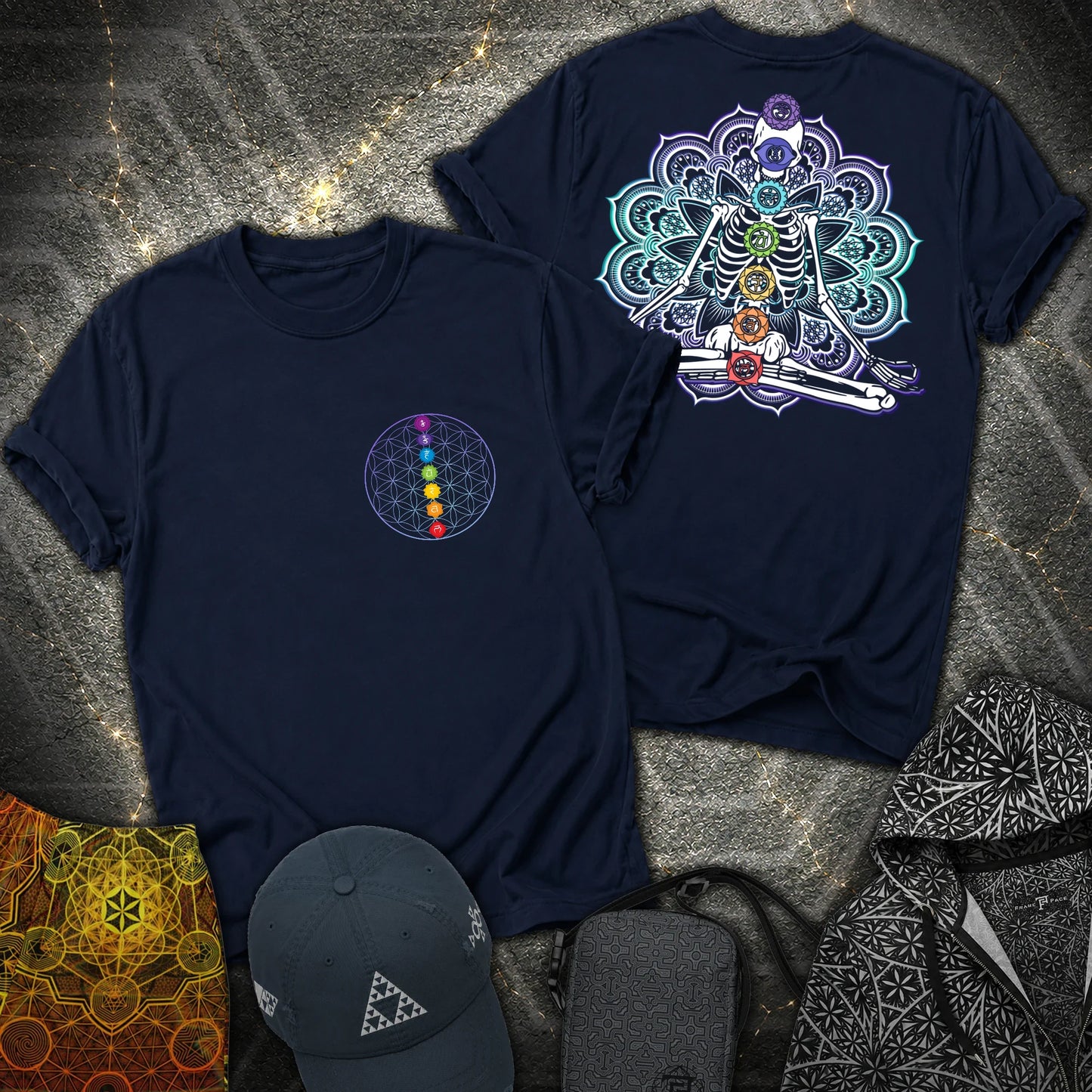 We Are One Meditating Skeleton 2 Sided T-Shirt - We Are One Meditating Skeleton 2 Sided T-Shirt - Navy
