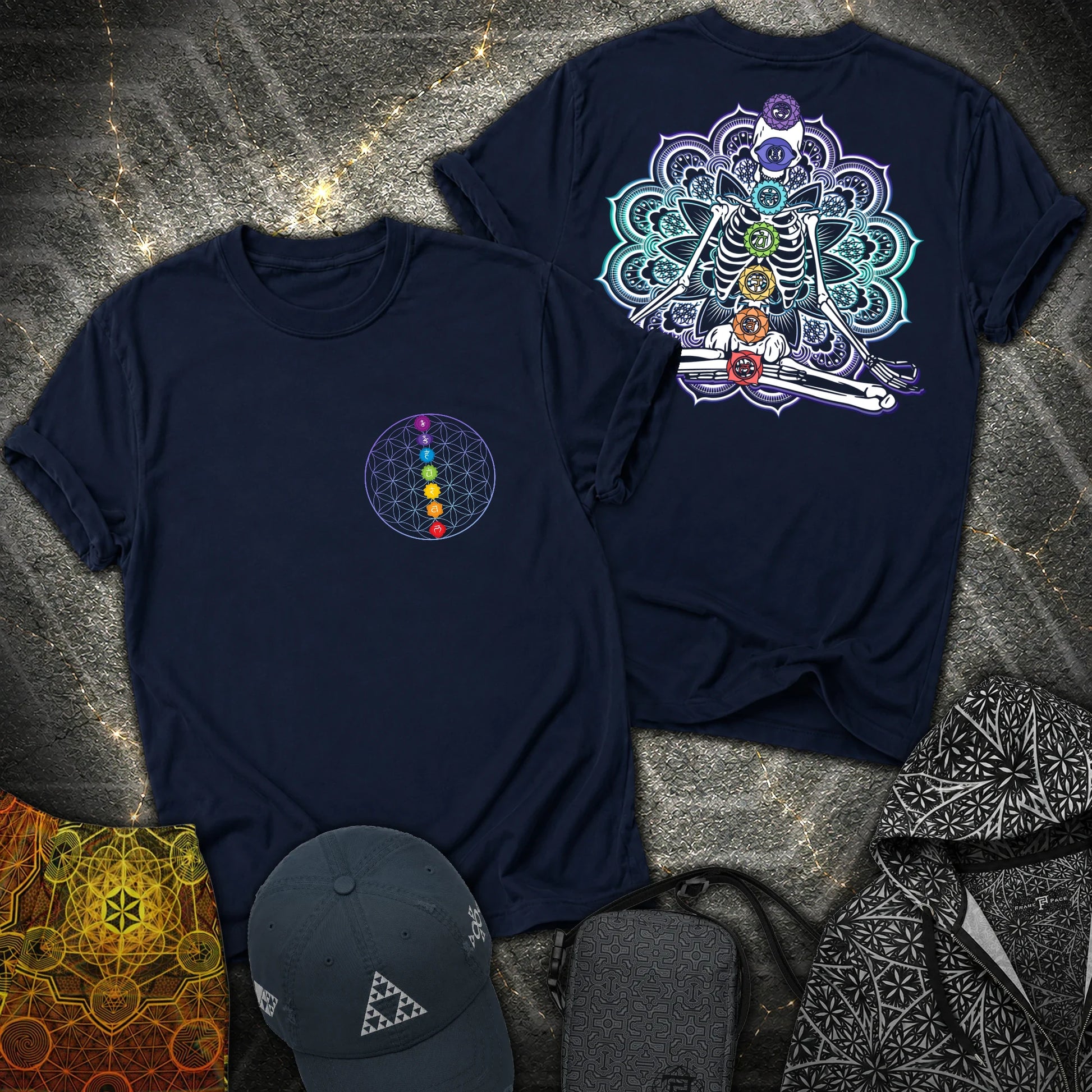 We Are One Meditating Skeleton 2 Sided T-Shirt - We Are One Meditating Skeleton 2 Sided T-Shirt - Navy