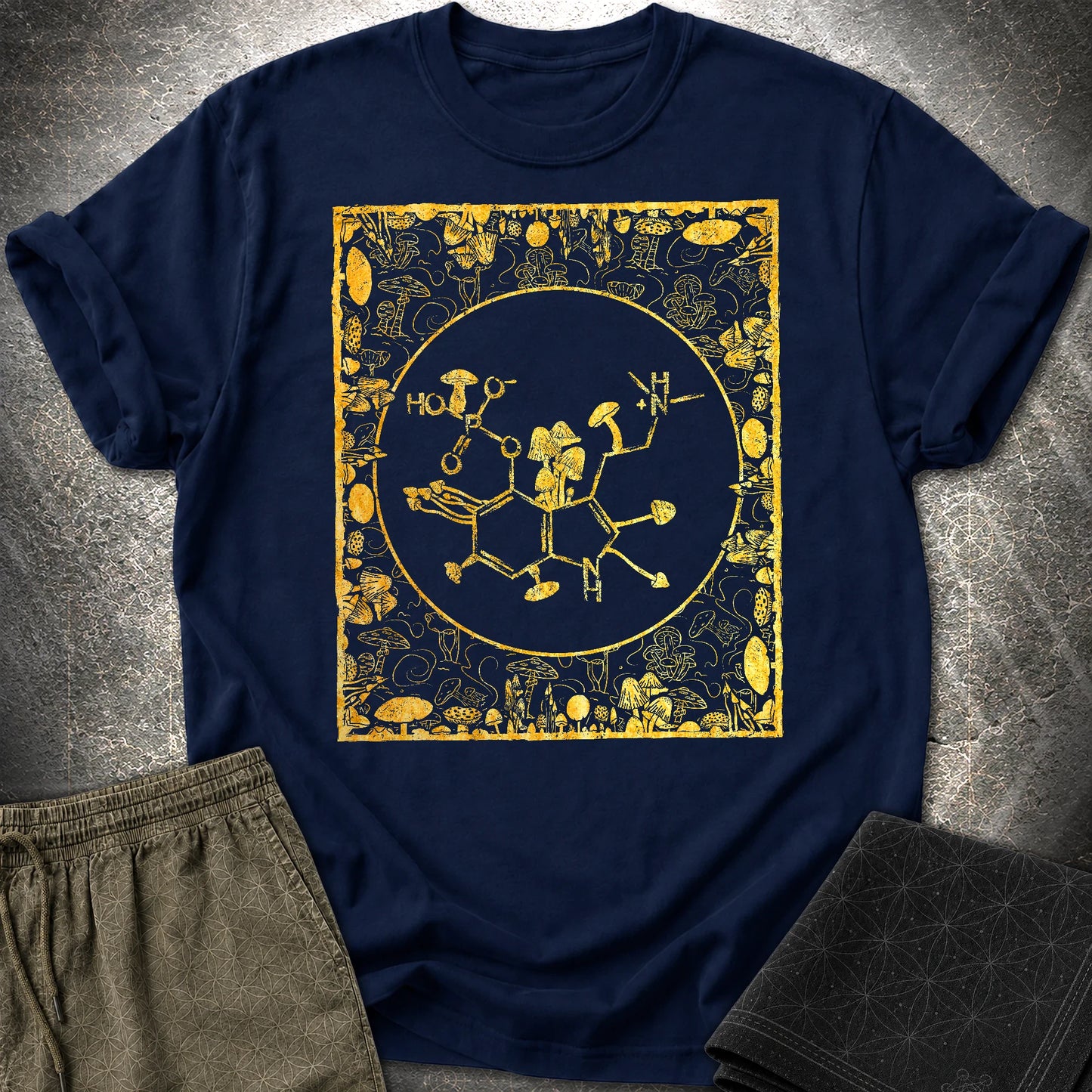 Psilocybin Molecule Mushroom Frame T-Shirt - Psilocybin Molecule Mushroom Frame  T-Shirt - Navy