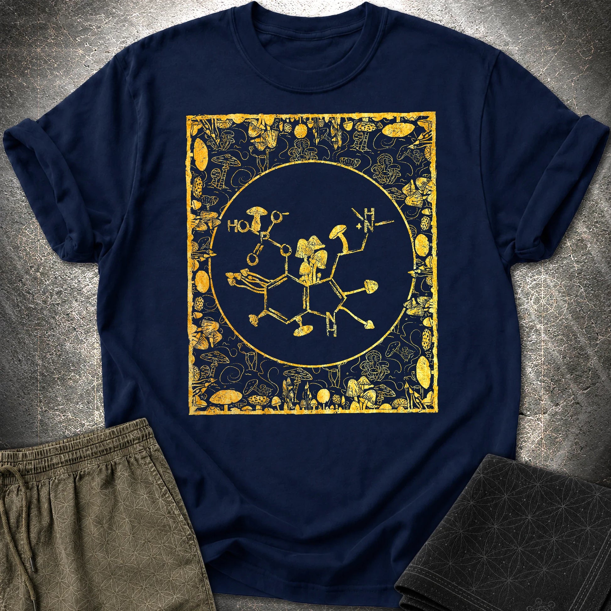 Psilocybin Molecule Mushroom Frame T-Shirt - Psilocybin Molecule Mushroom Frame  T-Shirt - Navy