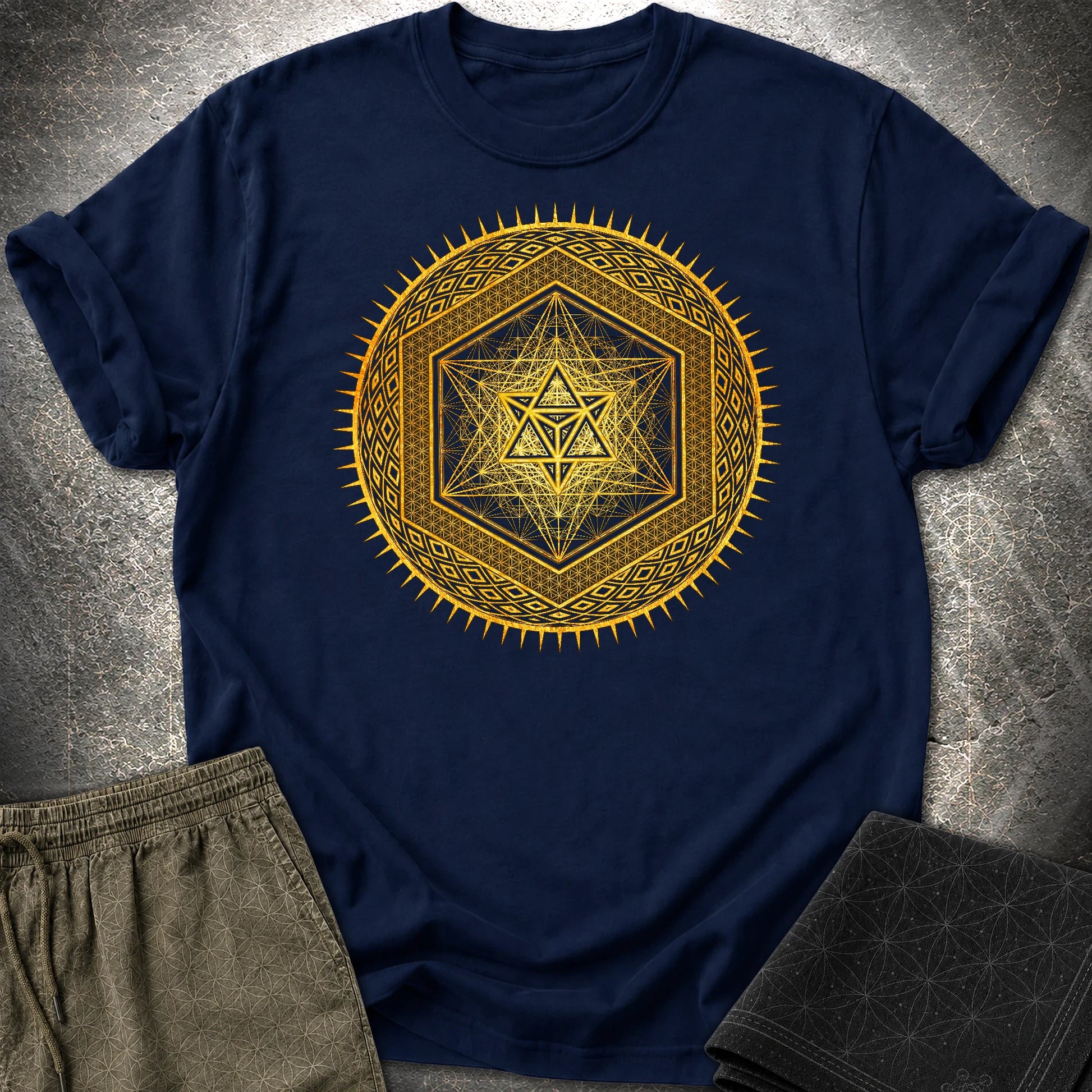 Metatron's Cube Radiating Merkaba T-Shirt - Metatron's Cube Radiating Merkaba T-Shirt - Navy
