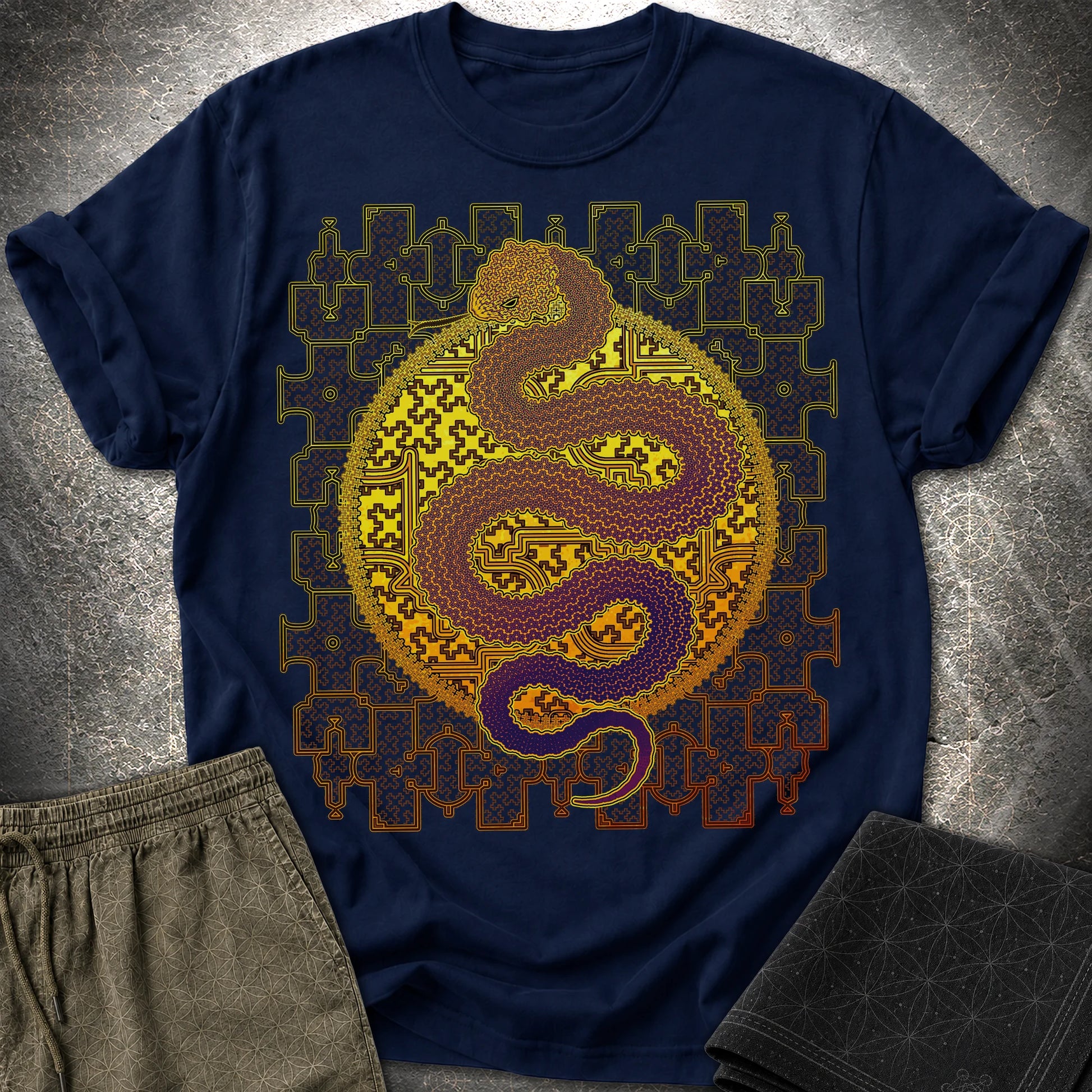 Shipibo Kene Cosmic Snake - Shipibo Kene Cosmic Snake T-Shirt - Navy