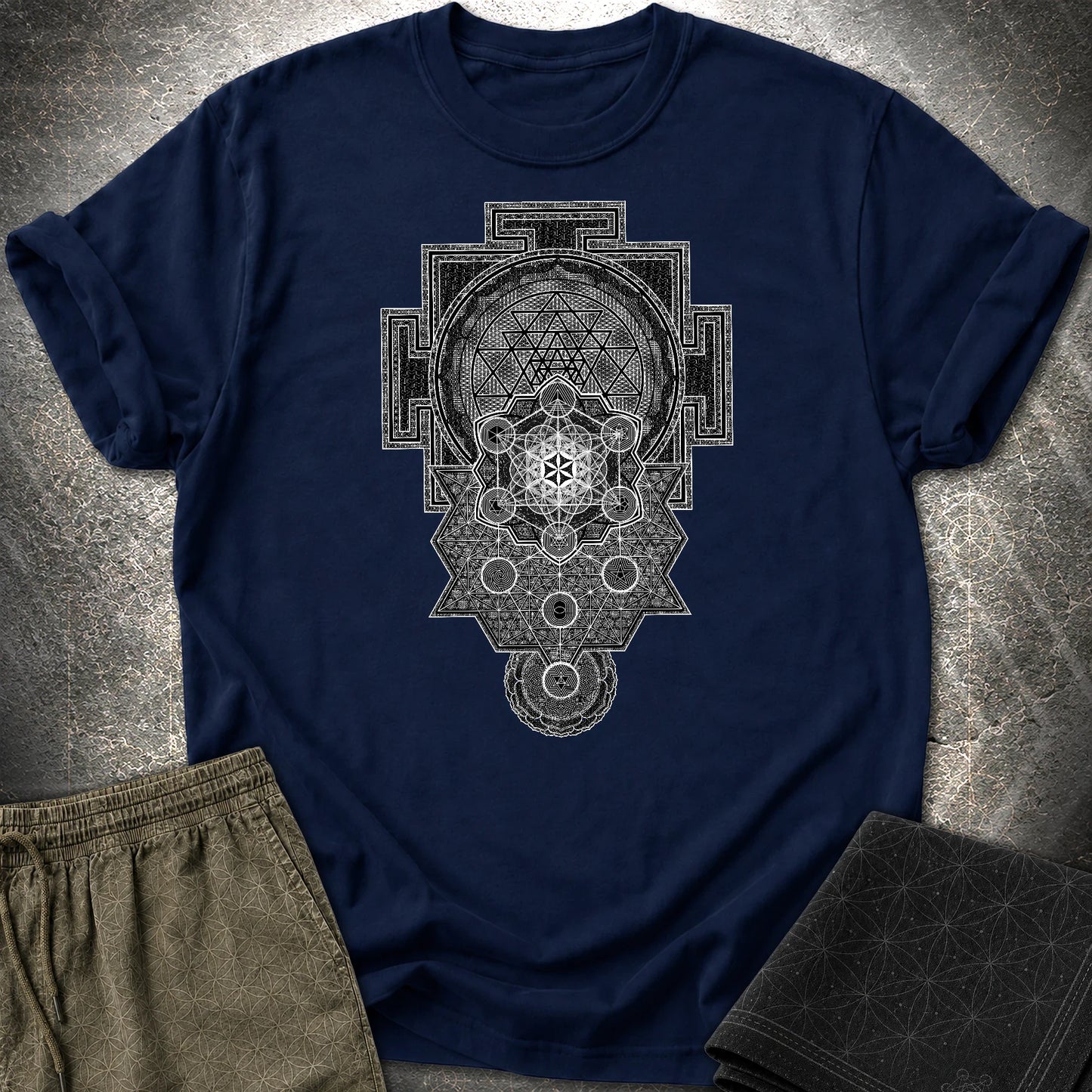 Sri Yantra Intricate Sacred Patterns T-Shirt - Sri Yantra Intricate Sacred Patterns T-Shirt - Navy
